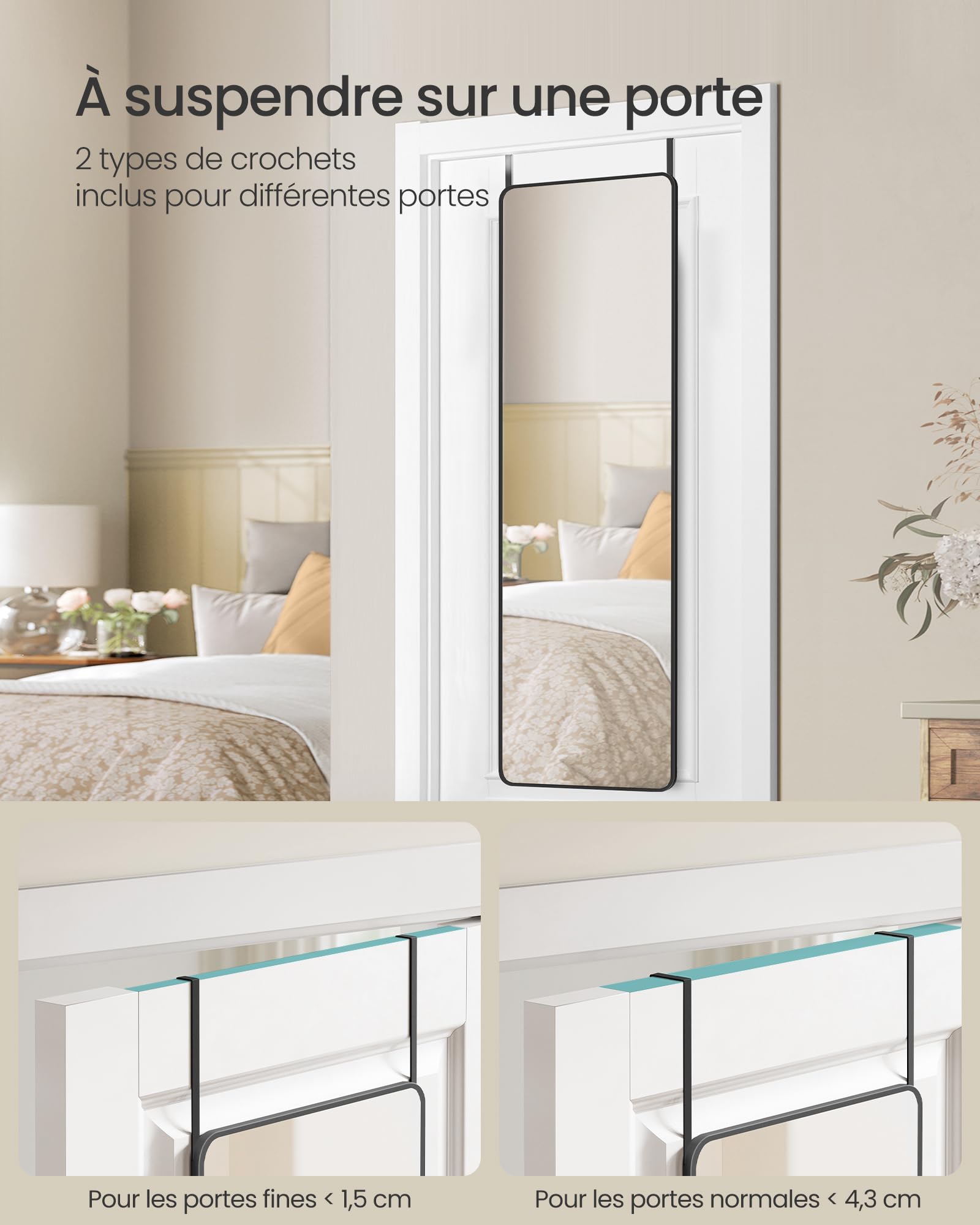 SONGMICS Miroir Intégral Suspendu, 120 x 40 cm, Miroir Rectangulaire, Cadre en Alliage d'Aluminium, Verre Trempé, pour Chambre, Salon,Dressing, Noir d'encre LFM032B01