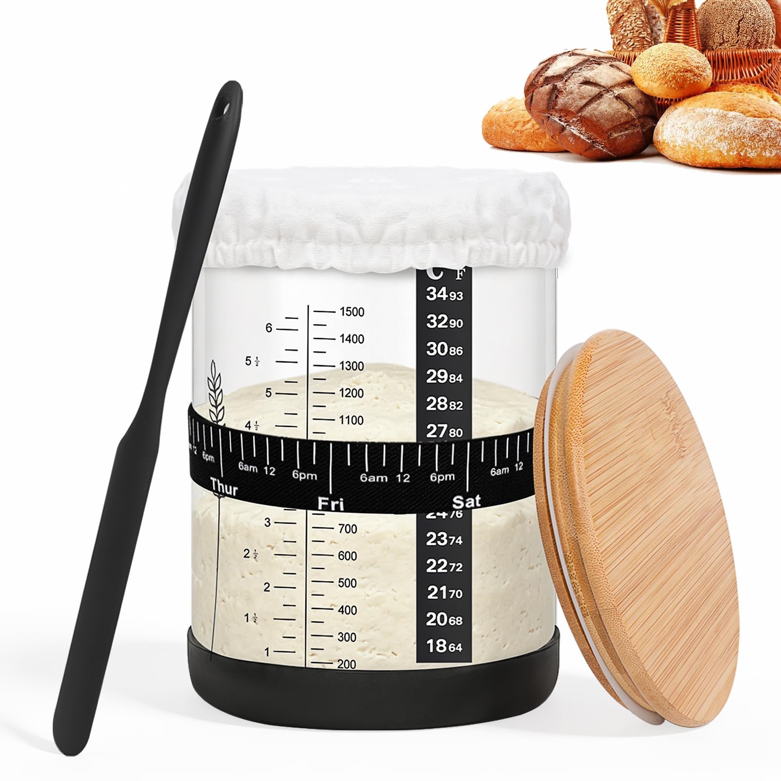 Savorella Transparent Sourdough Starter Jar Kit - 52Oz Large Wide Mouth Sourdough Bread Jar With Marked Feeding Band, Thermometer, Scraper, Cloth Cover And Silicone Lid/Base, Glass Container, Baking Supplies