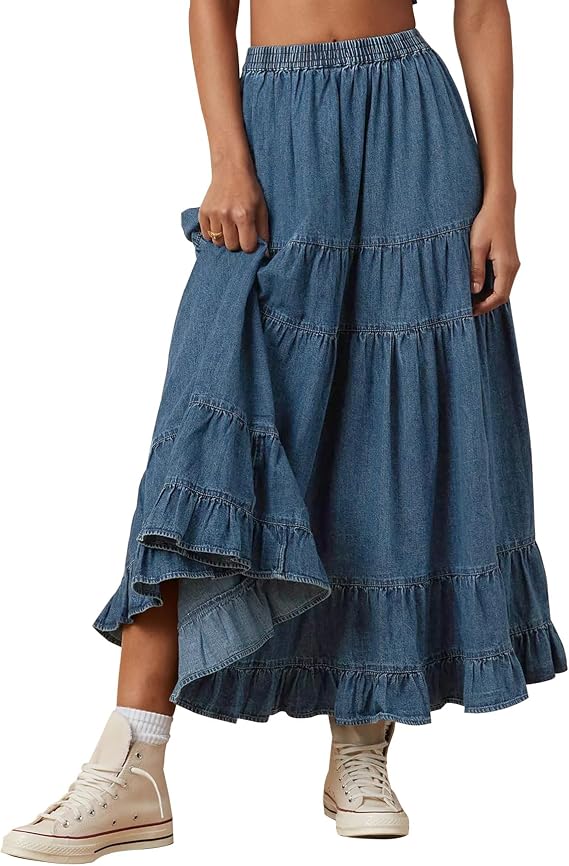 YEXPINE Women's Swing Chambray Maxi Skirt Elastic Waist Pleated Tiered Flowy Long Skirts Retro Denim Skirt
