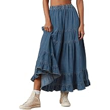 Women's Denim Maxi Skirt Tiered Ruffle Swing Jean Skirts with Pockets