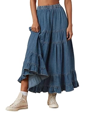 Womens Swing Chambray Maxi Skirt Elastic Waist Pleated Tiered Flowy Long Skirts Retro Denim Skirt