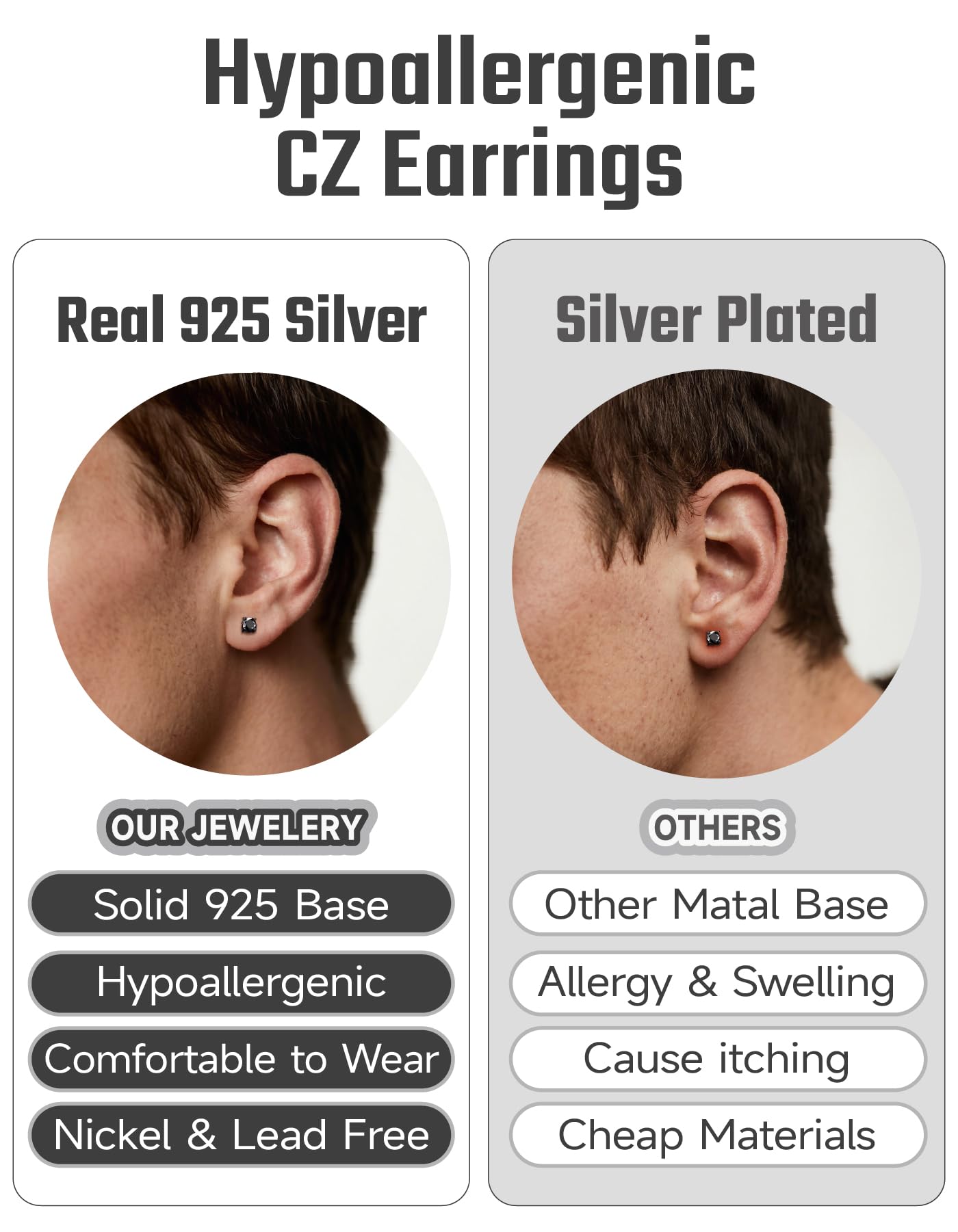 JustBeingCute - Pendientes de tuerca de plata de ley 925 con circonita cúbica negra para hombres y mujeres, hipoalergénicos, joyería de diamantes de imitación para regalos, 5-8 mm