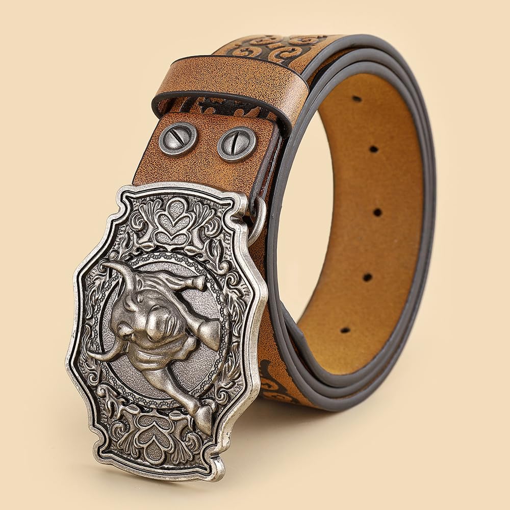 Cintura In Rilievo Con Fibbia Incisa In Argento Raffigurazione Di Un Cowboy Western, Toro Del Texas, For Uomo E Ragazzo