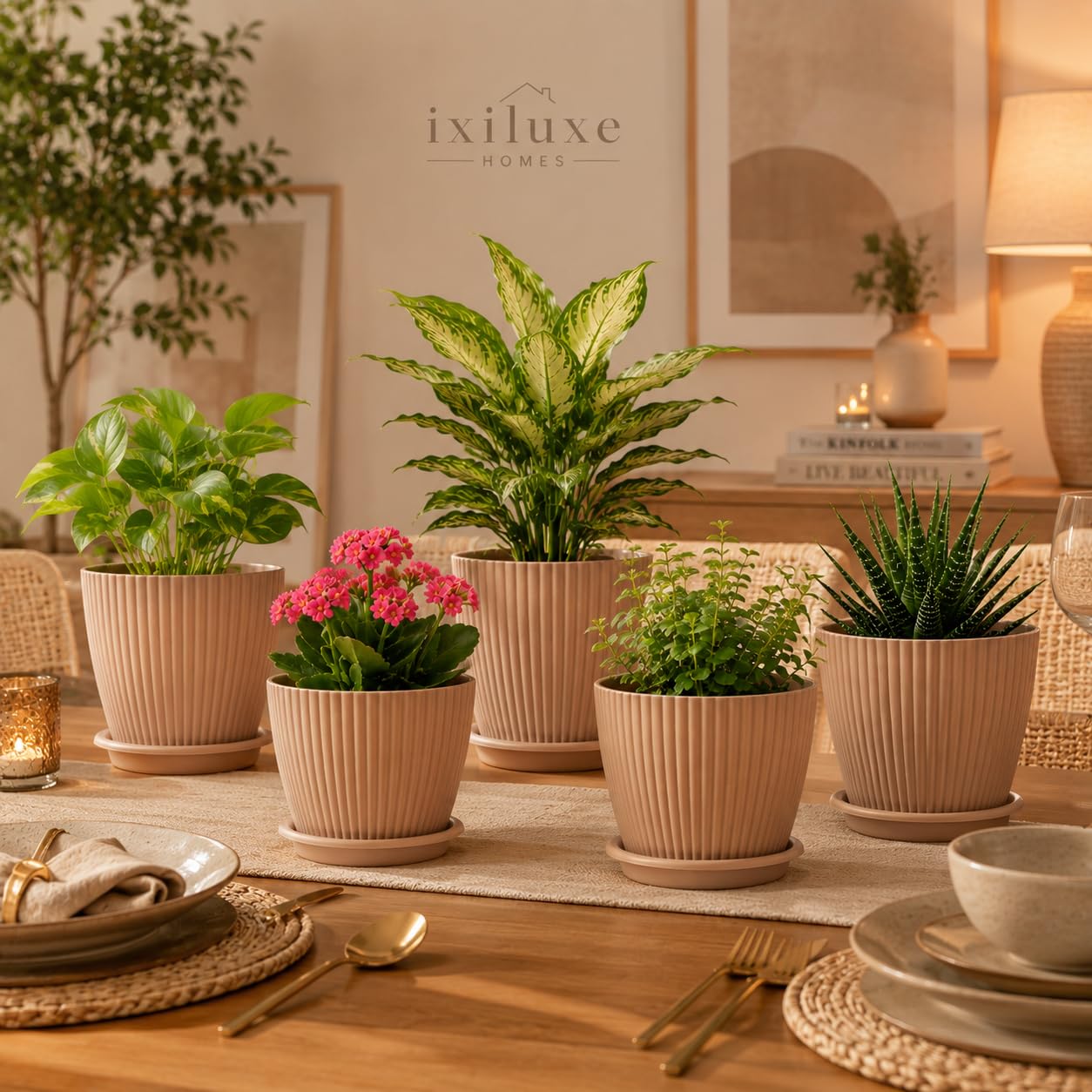 Light Brown Flower Pots Set of 5 - Modern Plant Planters -3 Light Brown Flower Pots Set of 5 - Modern Plant Planters -3