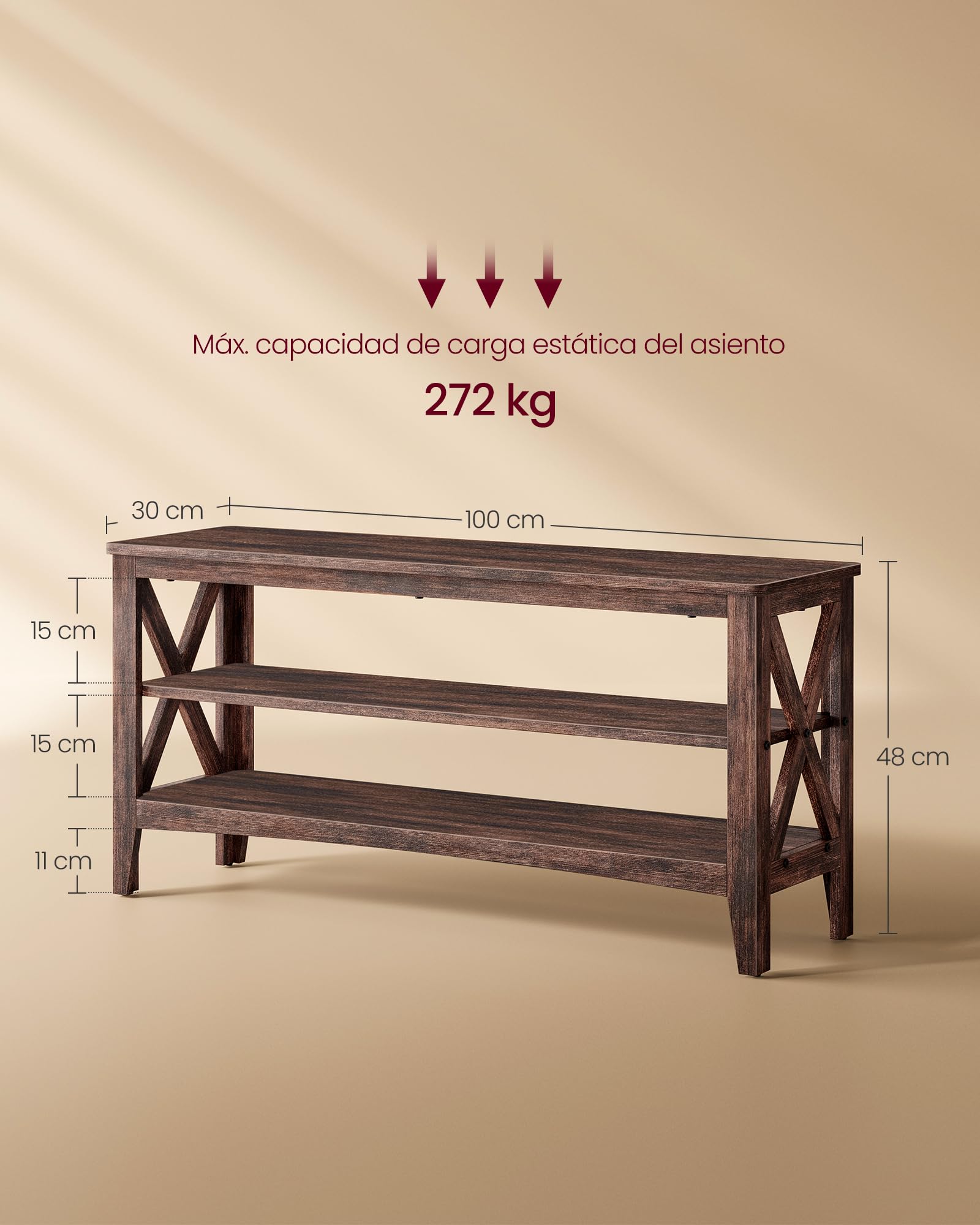 Vasagle Zapatos, Banco para Pasillo, Zapatero de 2 Niveles, 30 x 100 x 48 cm, Soporta hasta 272 kg, Estilo Rural, para Salón, Dormitorio, Granate LSB153K51, Marrón Miel, 30 x 100 x 48cm