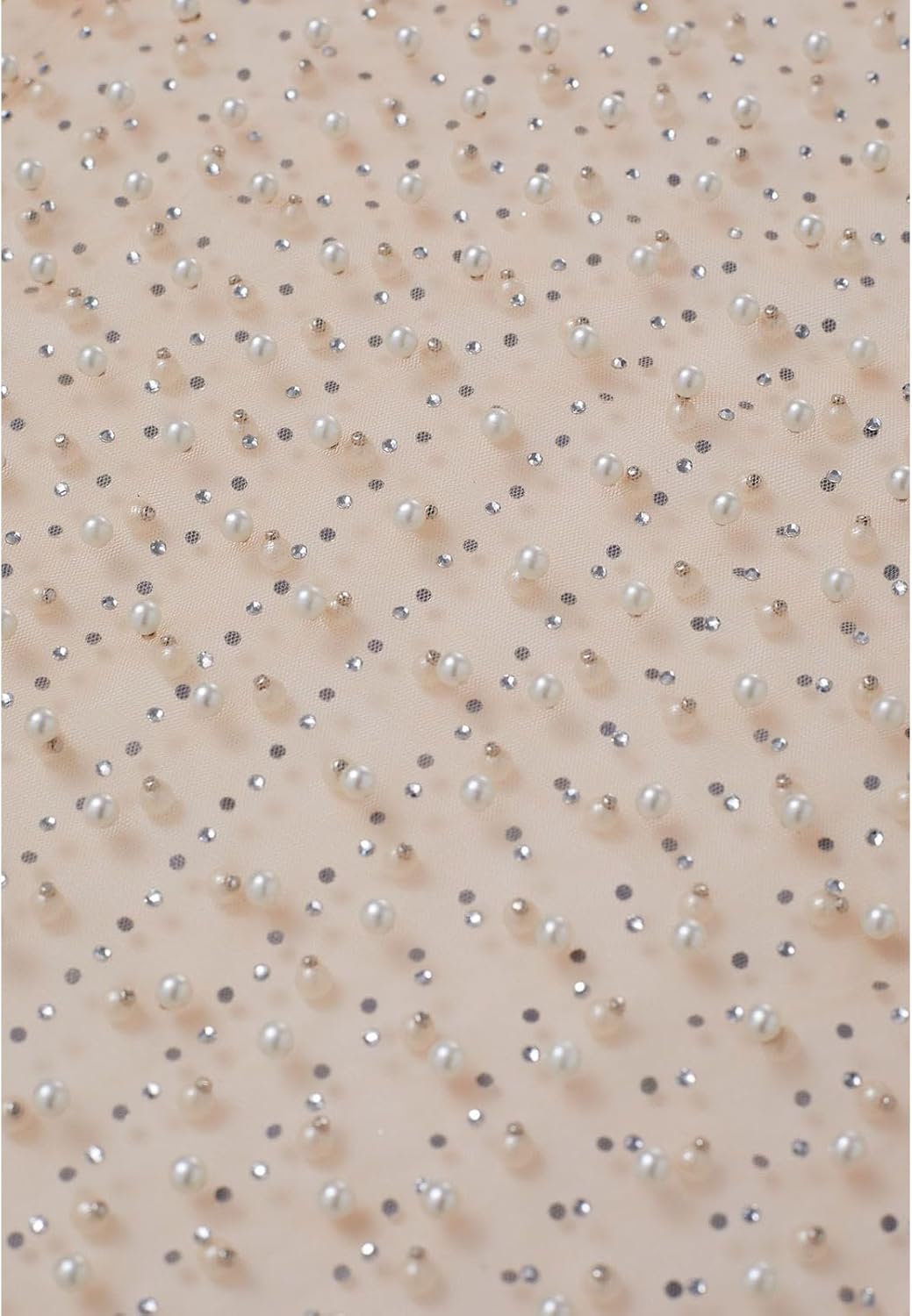 CHICWISH Women Full Pearl Embellished Sheer Mesh Top Sexy See Through Shirt Long Sleeve Scoop Neck Blouses Tops Tan