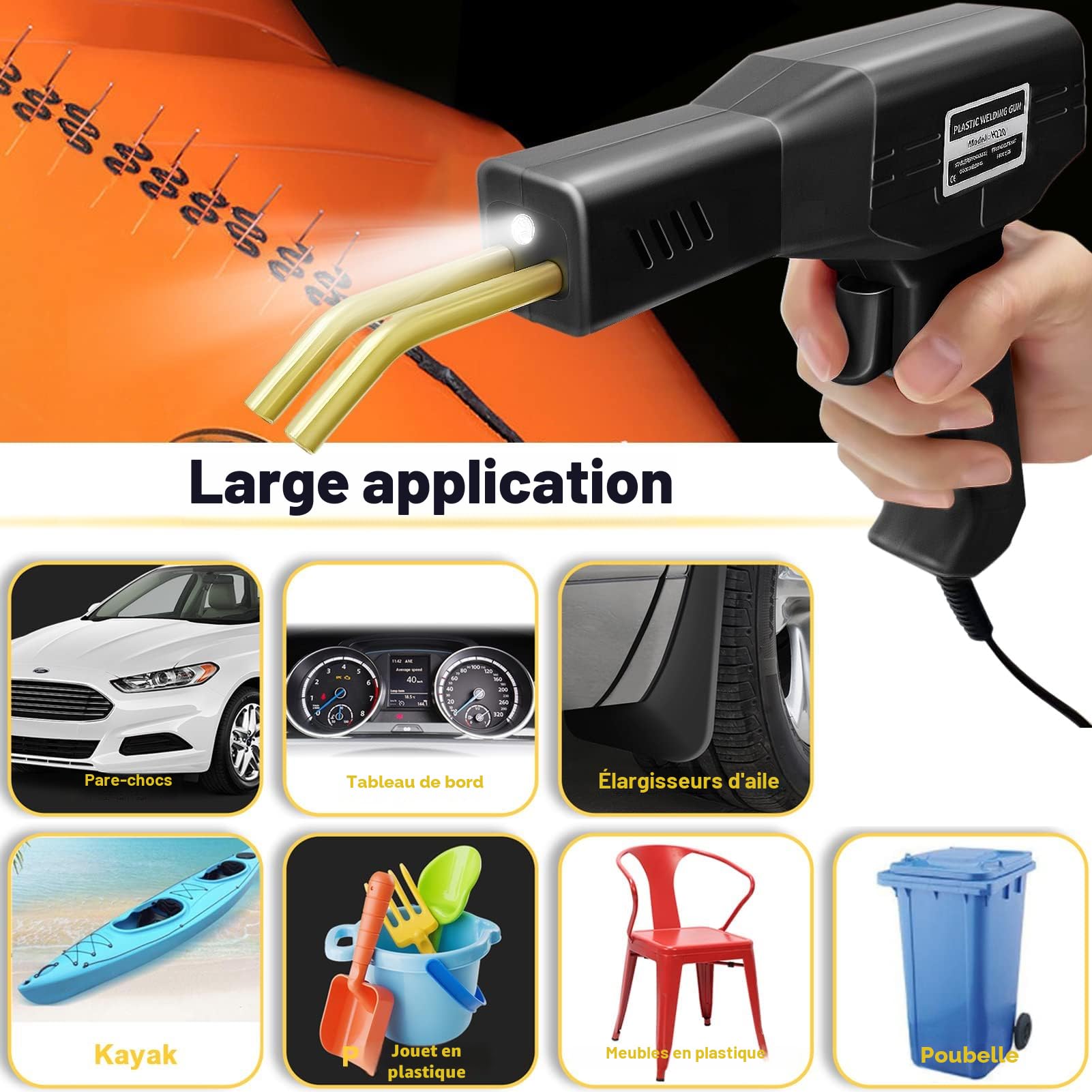 220W Soudure Plastique 2 en1 Soudeuse Plastique Kit Reparation Plastique Soudage Plastique avec 800Pcs Agrafes,40Pcs Bâtons Soudage & 2Pcs Outil de Truelle pour Réparer un Auto/Moto Pare-chocs (noir)
