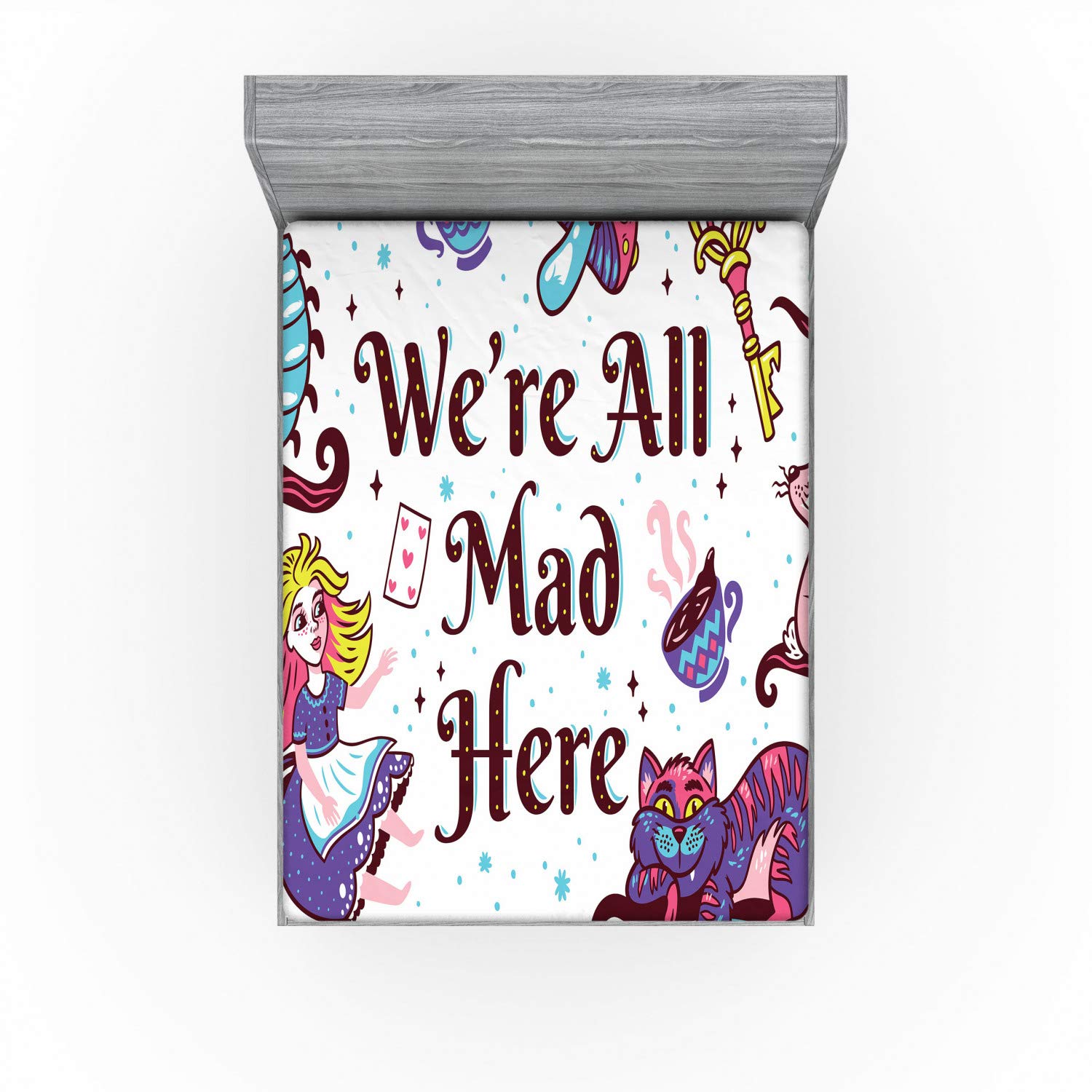 Ambesonne Alice in Wonderland Fitted Sheet, We are All Mad Here Words with Caterpillar White Rabbit Cheshire Cat, Bed Cover with All-Round Elastic Pocket for Comfort, California King, Purple Blue