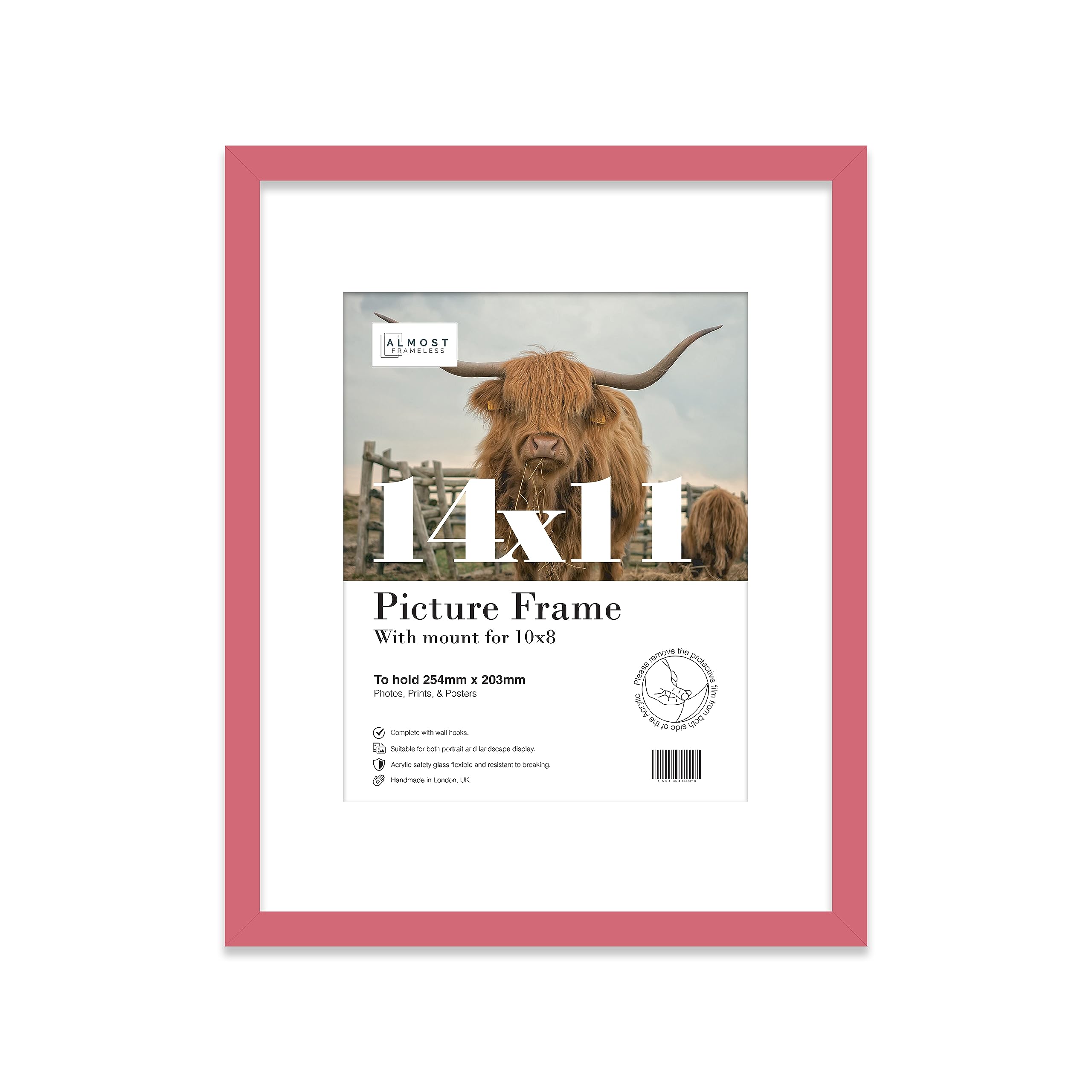 Almost Frameless 14x11 Pink Picture Frame With Mount for 10x8 Print, Poster or Photo Poster, Photo, Artwork, or Print. Thin Edge Slim Frame Portrait and Landscape Display with Wall Hooks