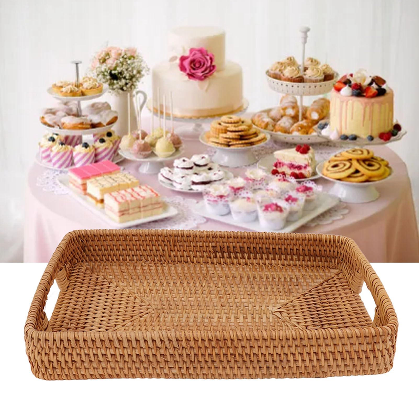 Jiawu Bandeja de Mimbre para Servir con Asas, Bandeja Decorativa Rectangular de Gran Capacidad para Frutas, Postres, Cocina y Hogar (L)