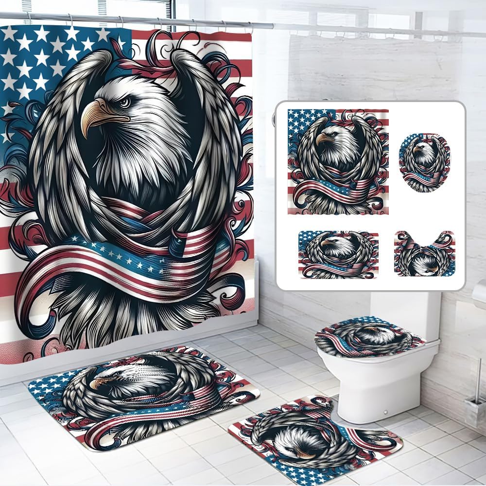 Patriotic Gnomes Shower Curtain Set, 4th of July Independence Day Design, American Flag Theme with 12 Hooks (C)