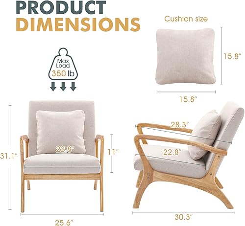 Miniatura 2 de CDCASA Silla decorativa moderna de mediados de siglo con cojín, sillas tapizadas de 28.3 pulgadas de largo, tela de lino de alta calidad con marco