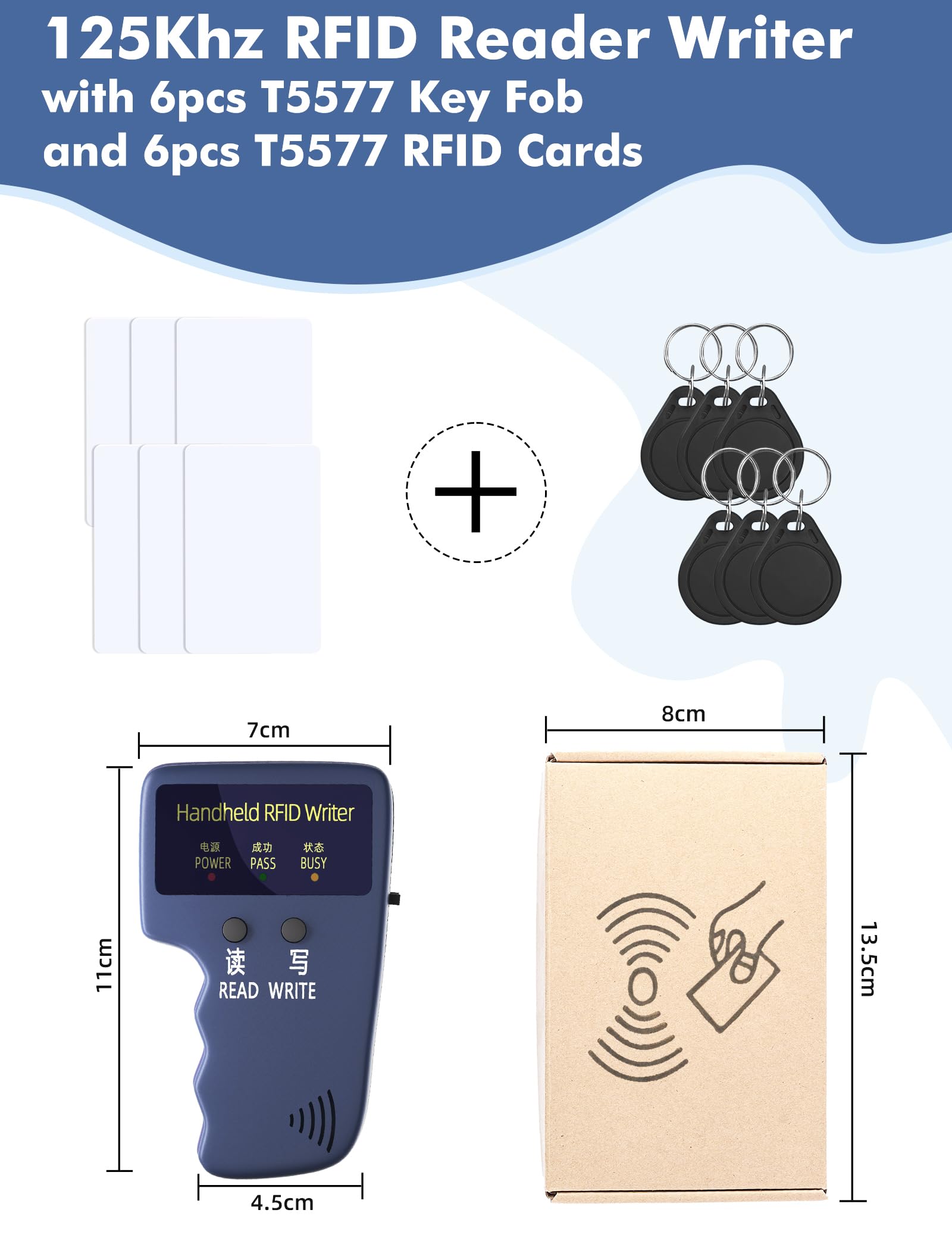 Copieur d'identification portable 125 kHz RFID lecteur graveur duplicateur RFID portable utilisé pour T5577 ou EM4305 6 cartes T5577+ 6 cartes T5577 (bleu-ZGAGFZ)