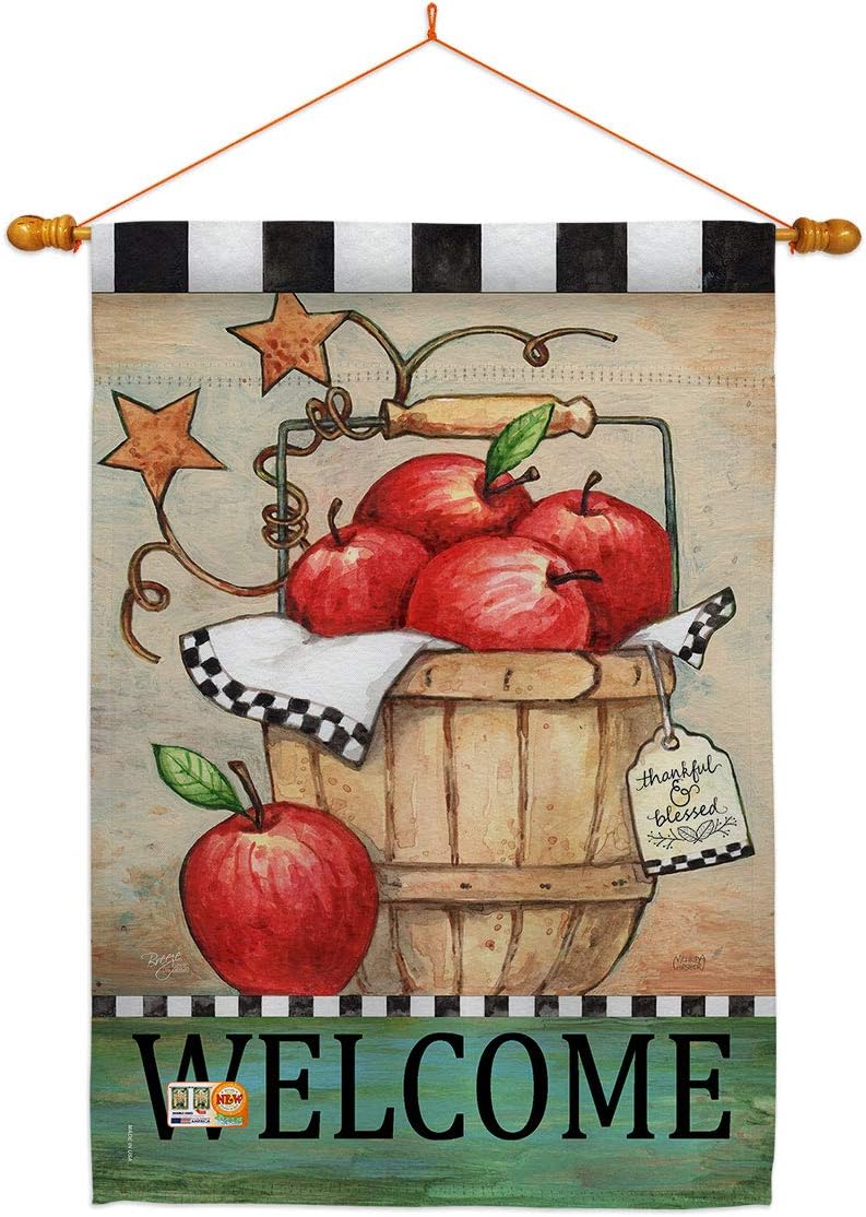 Fruits Apple Basket House Flag Dowel Set Food Pineapple Strawberry Watermelon Tropical Aloha Summer Small Decorative Gift Yard Banner Made In USA 28 X 40