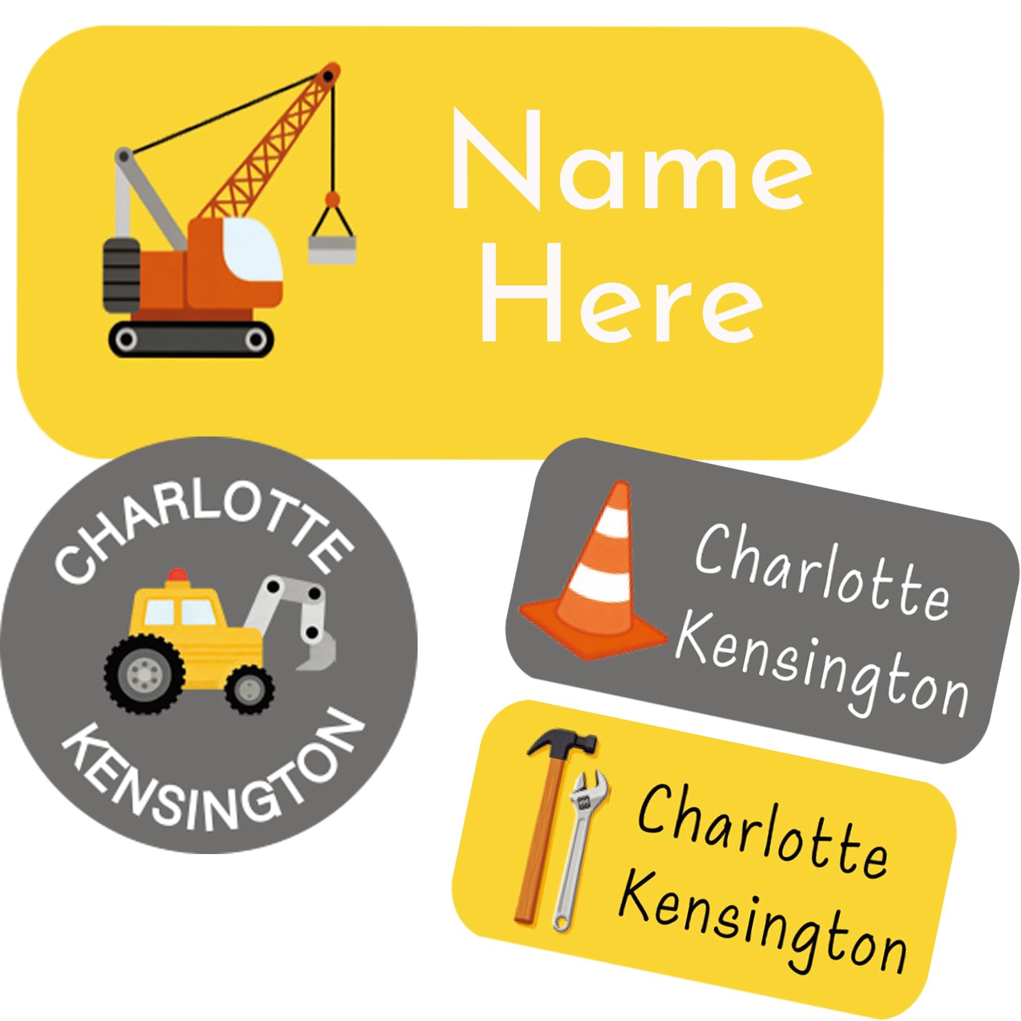 117 Stick On Washable Name Labels for Kids - Personalised Name Tags for Clothes, Custom No-Iron Clothing Stickers for Daycare, School Supplies, Waterproof Name Tags (Excavator Sticker)