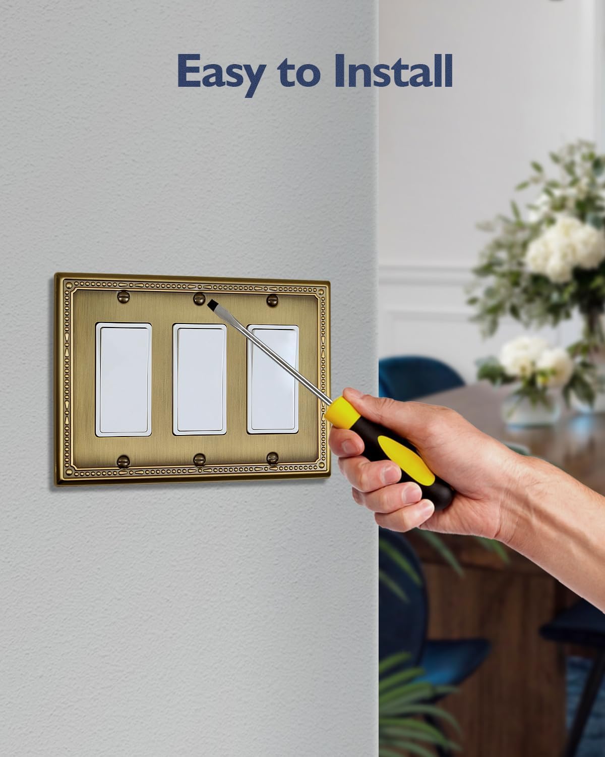 1-Pack Antique Brass Triple Decorator Wall Plates, 3 Gang Decorative Pearl Outlet Covers, Metal Face Plates for Electrical Outlets, GFCI, Dimmer Switch, 6.77''*4.88'', Midsize