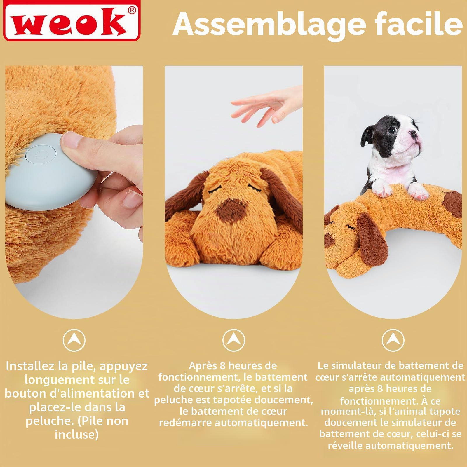 WEOK Jouet pour Chiot - Oreiller Confortable pour Soulager l'Anxiété - Jouet en Peluche pour Battements de Cœur pour Chiens et Chats