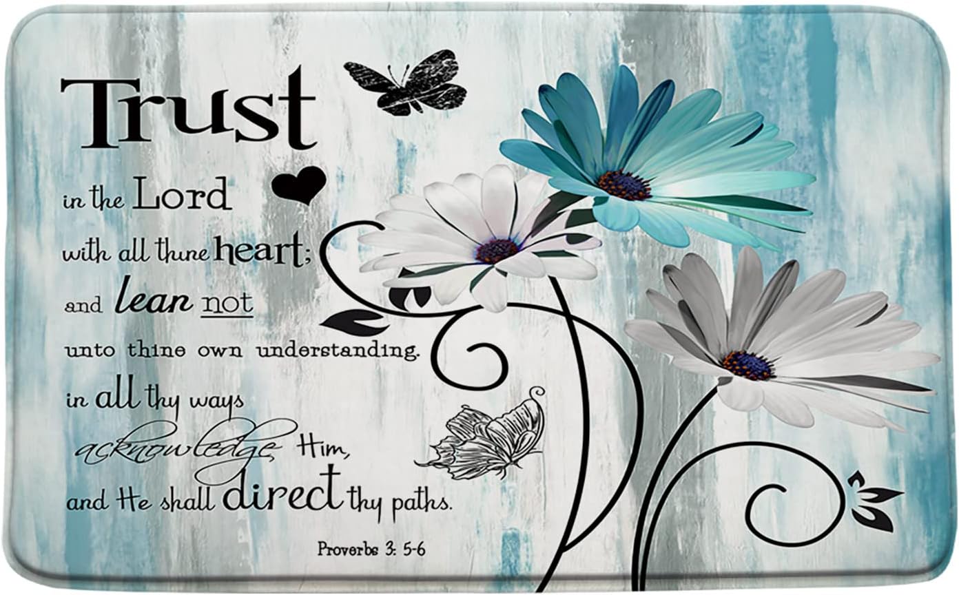Sunhe Inspirational Quote Trust in The Lord Bath Mat Rutsic Yellow Daisy Flower Butterfly Vintage Barn Door Farmhouse Print Microfiber Memory Foam Soft Doormat Kitchen Bathroom Mat/Rugs