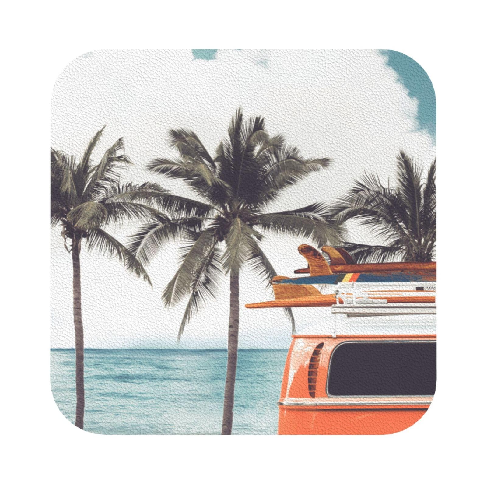 Colorful Bus Palm Tree PU Leather Coasters Set of 6 Square Drink Coasters