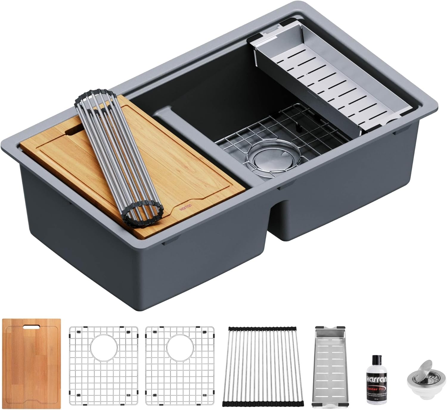 Karran 32.5" Grey Quartz Composite Undermount Double Bowl Workstation Kitchen Sink, 50/50 Chef Prep Station with Cutting Board, Roll-Up Mat, Colander, Bottom Grids and Accessories – QUWS-880
