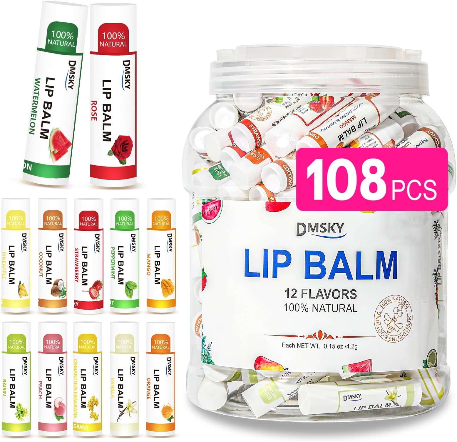 DMSKY Lip Balm Bulk 108 Pack, Lip Balm Hydrating with Vitamin E and Coconut Oil 12 Flavors, Lip Moisturizer Treatment - Party Favors Bulk Gift