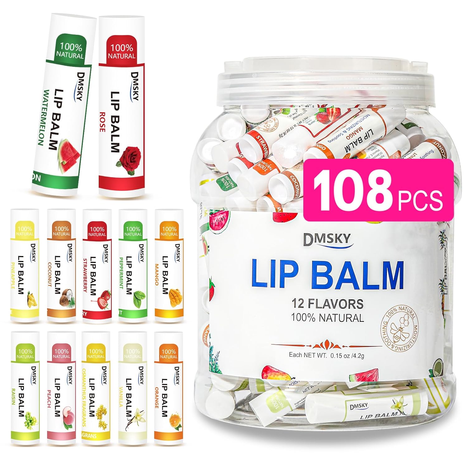 DMSKY Lip Balm Bulk 108 Pack, Lip Balm Hydrating with Vitamin E and Coconut Oil 12