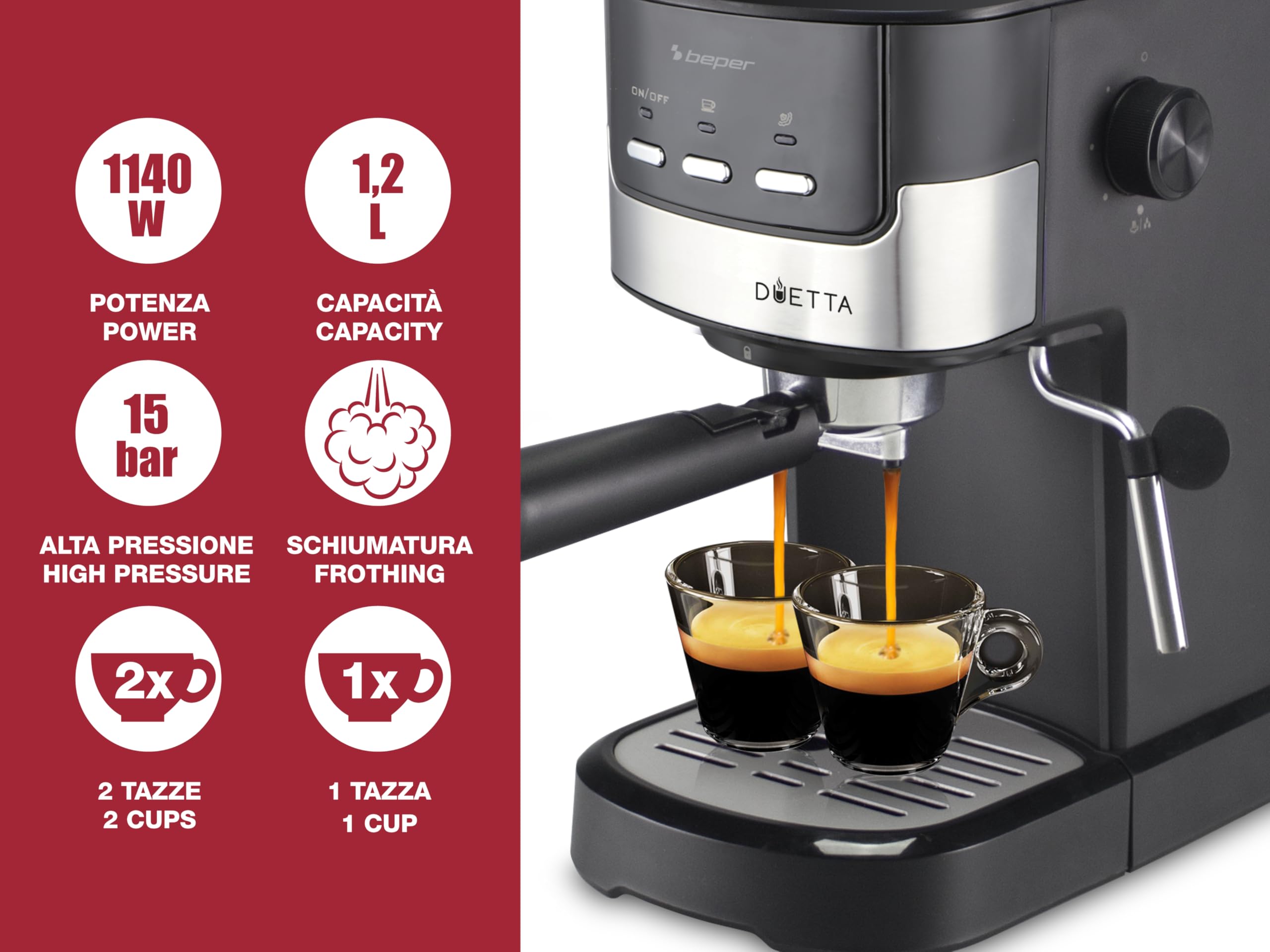 BEPER P101CAF100 Duetta Espresso-Kaffeemaschine, 1100W, 15 bar, Schwarz