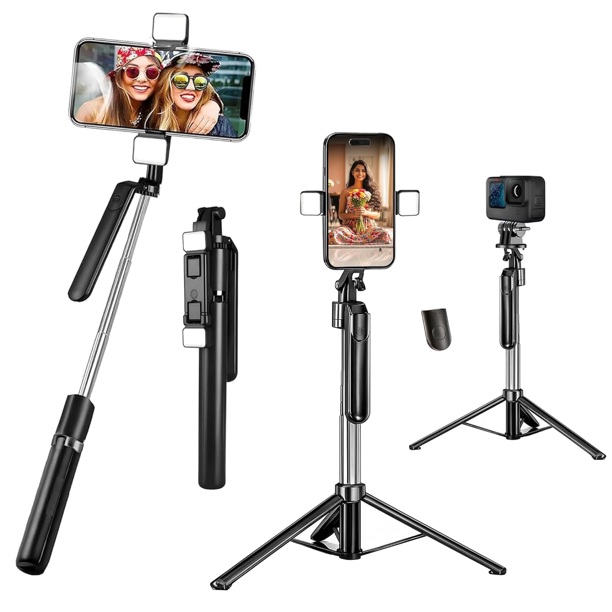 Kratos R16D Selfie Stick Tripod Stand with Light 67 inch/1.7 M, 360° Rotation Handle for Anti Shake Shooting Tripod, Multifunctional Bluetooth Tripod for Mobile Phone Vlogging, Live Stream and Travel-picture-28