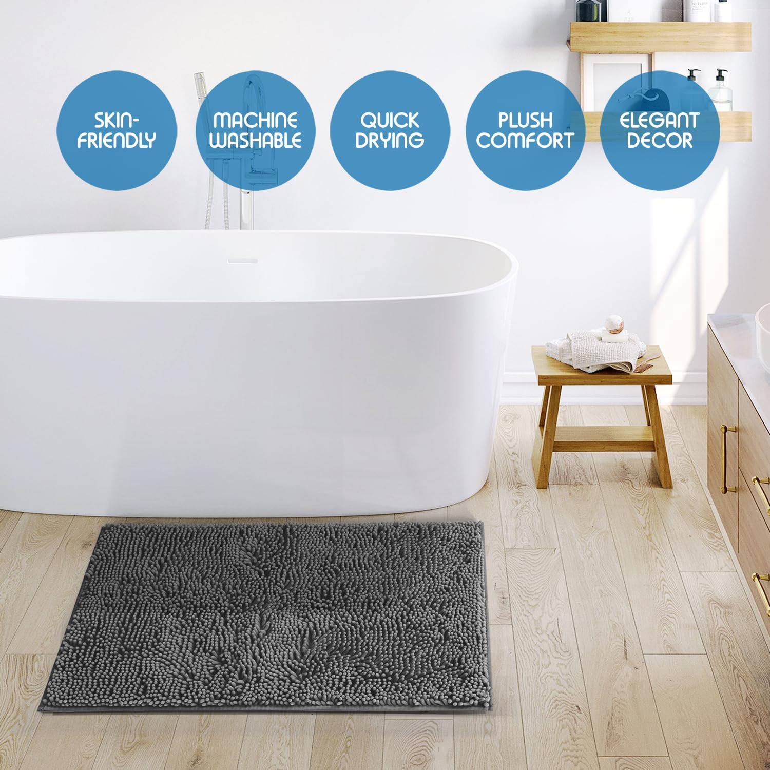 Nestl Bathroom Rugs, Chenille Bath Mat - Machine Washable Bath Mats for Bathroom Non-Slip Backing Rubber, Quick Dry Bathroom Mat - Grey Bath Rug, 20x32