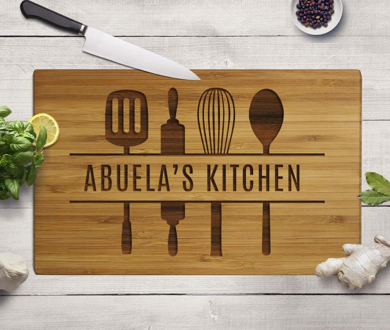 Andaz Press Large Bamboo Wood Cutting Board Gift, 17.75 x 11-inch, Abuela's Kitchen, Utensils Graphic, 1-Pack, Laser Engraved Serving Chopping Board Christmas Birthday Chef Kitchen Ideas