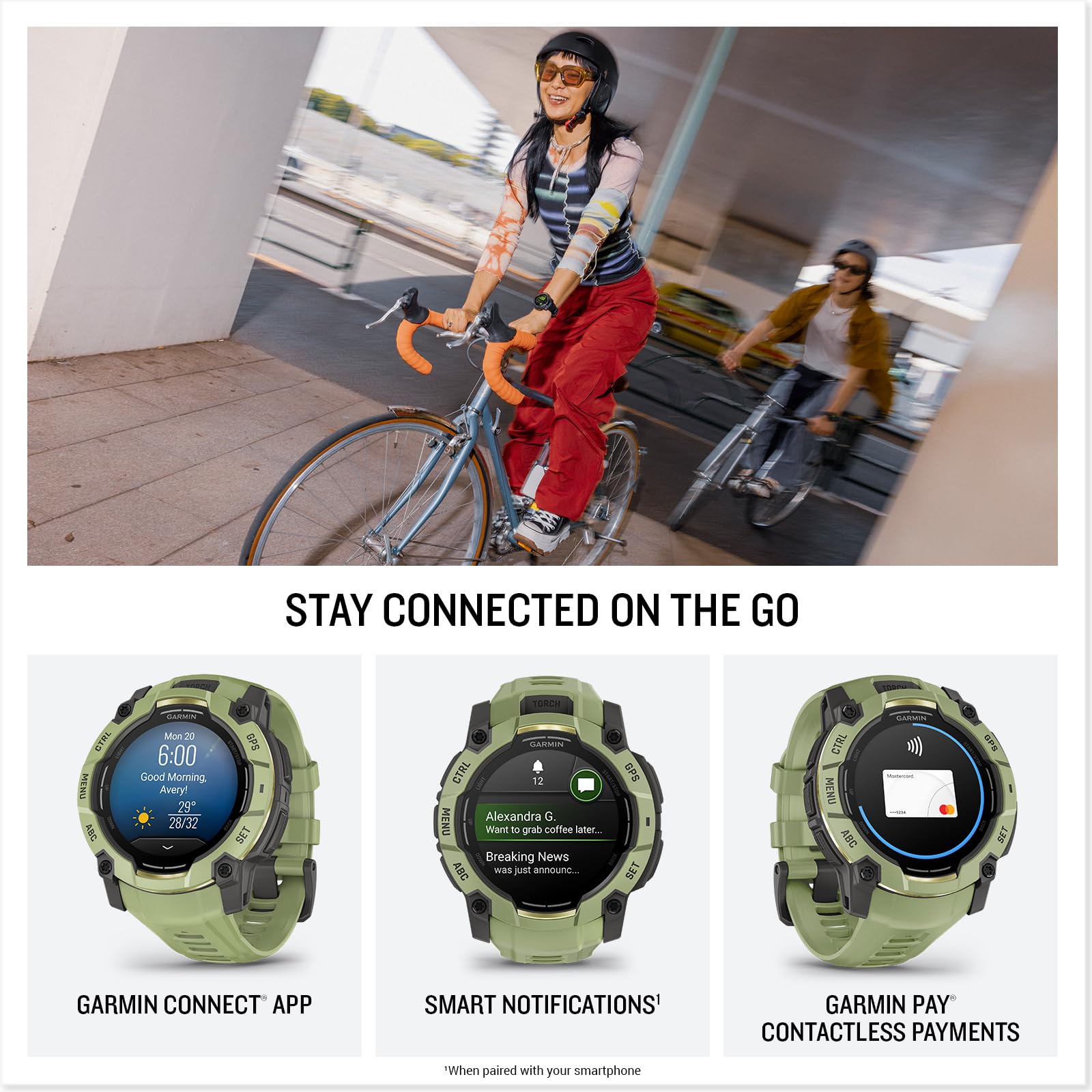 Garmin Instinct 3-50 mm, wytrzymały zewnętrzny smartwatch GPS, bateria 24-dniowa, wyświetlacz AMOLED, wbudowana latarka, kolekcja Alpine Rush, edycja limitowana, kolor zielony paproci z zieloną opaską