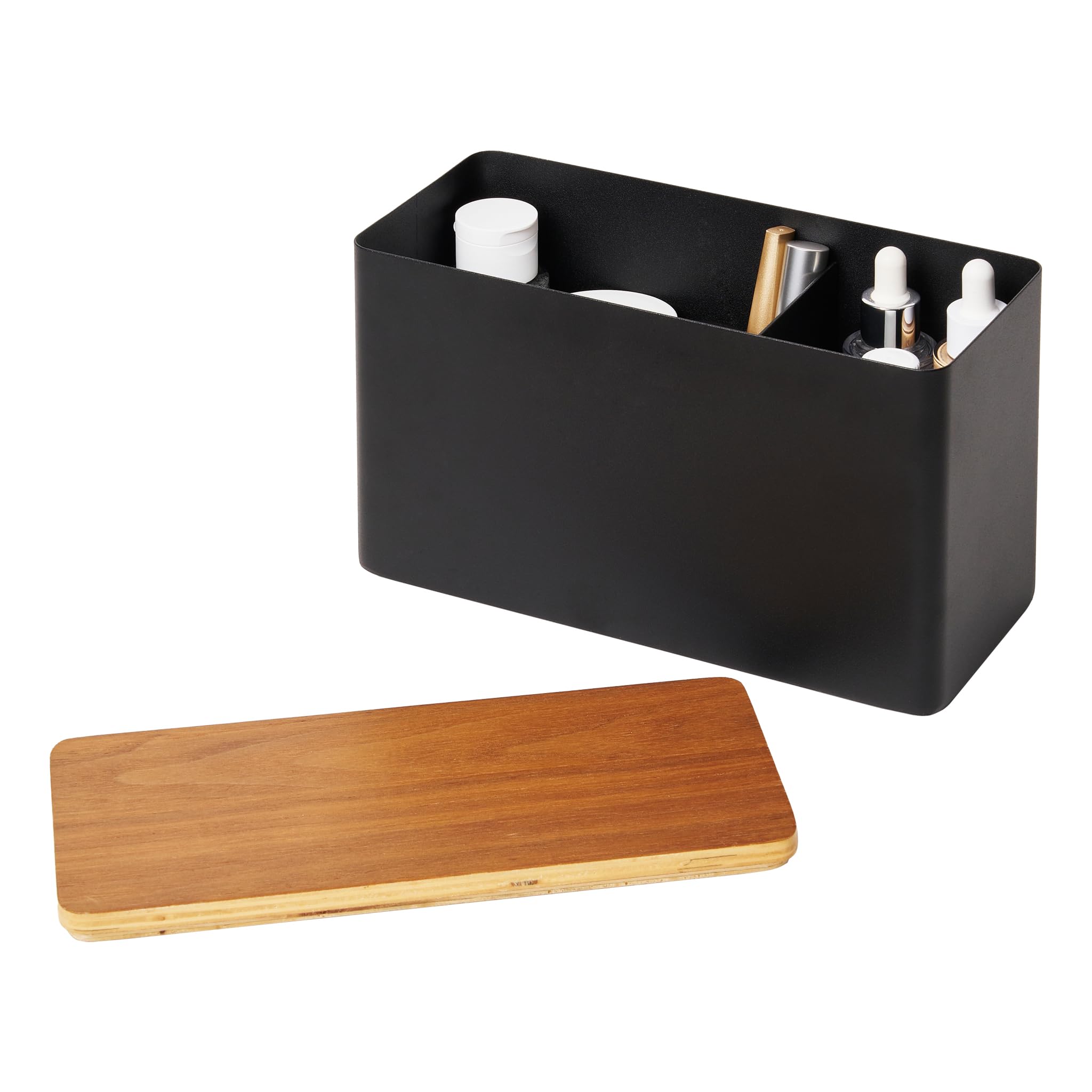 YAMAZAKI 4807 RIN Aufbewahrungsbox, schwarz, Stahl/Schichtholz, minimalistisch, 23 x 10.5 x 14 cm
