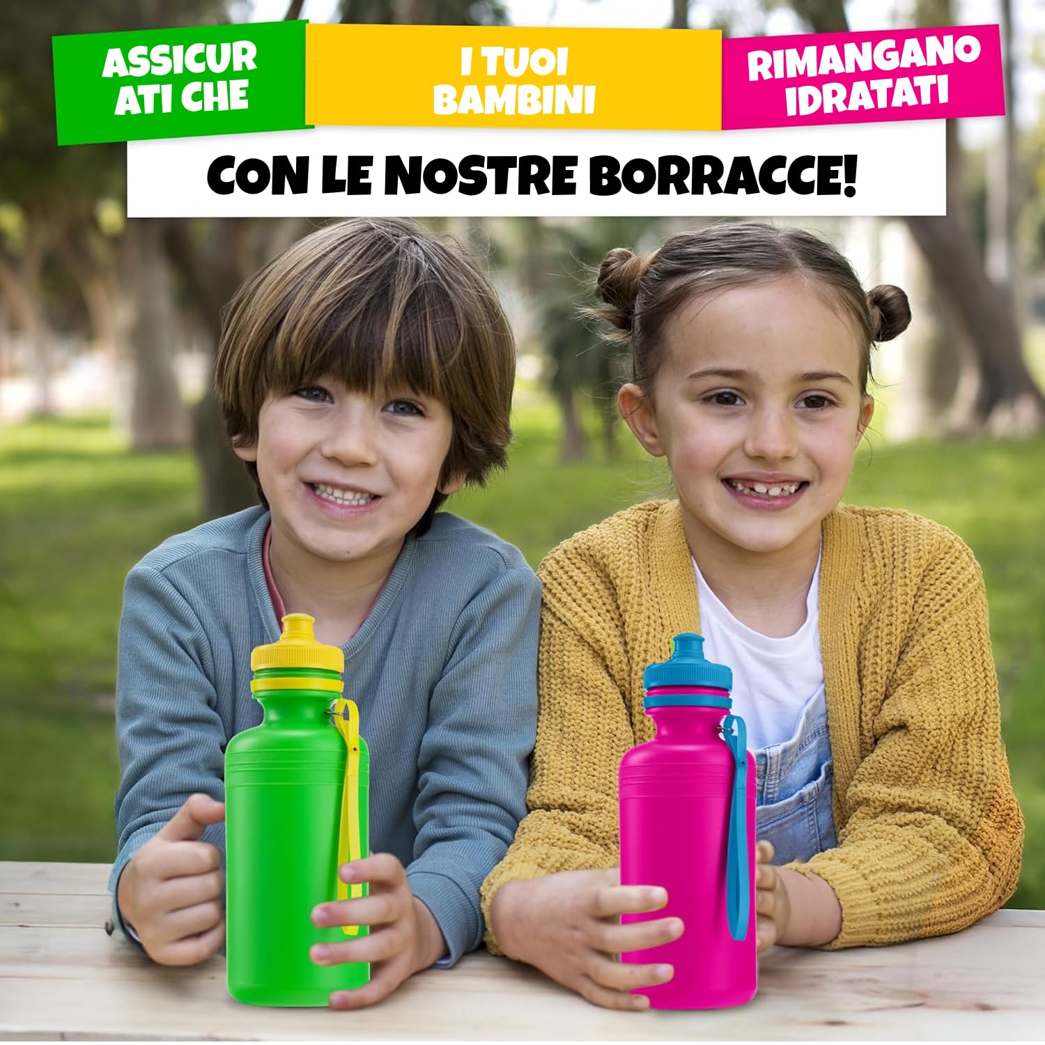 Bedwina Kids Bottiglie d'acqua, confezione da 12 – Bottiglie da 532,3 ml senza BPA con tappo sportivo e manico per la scuola e le attività