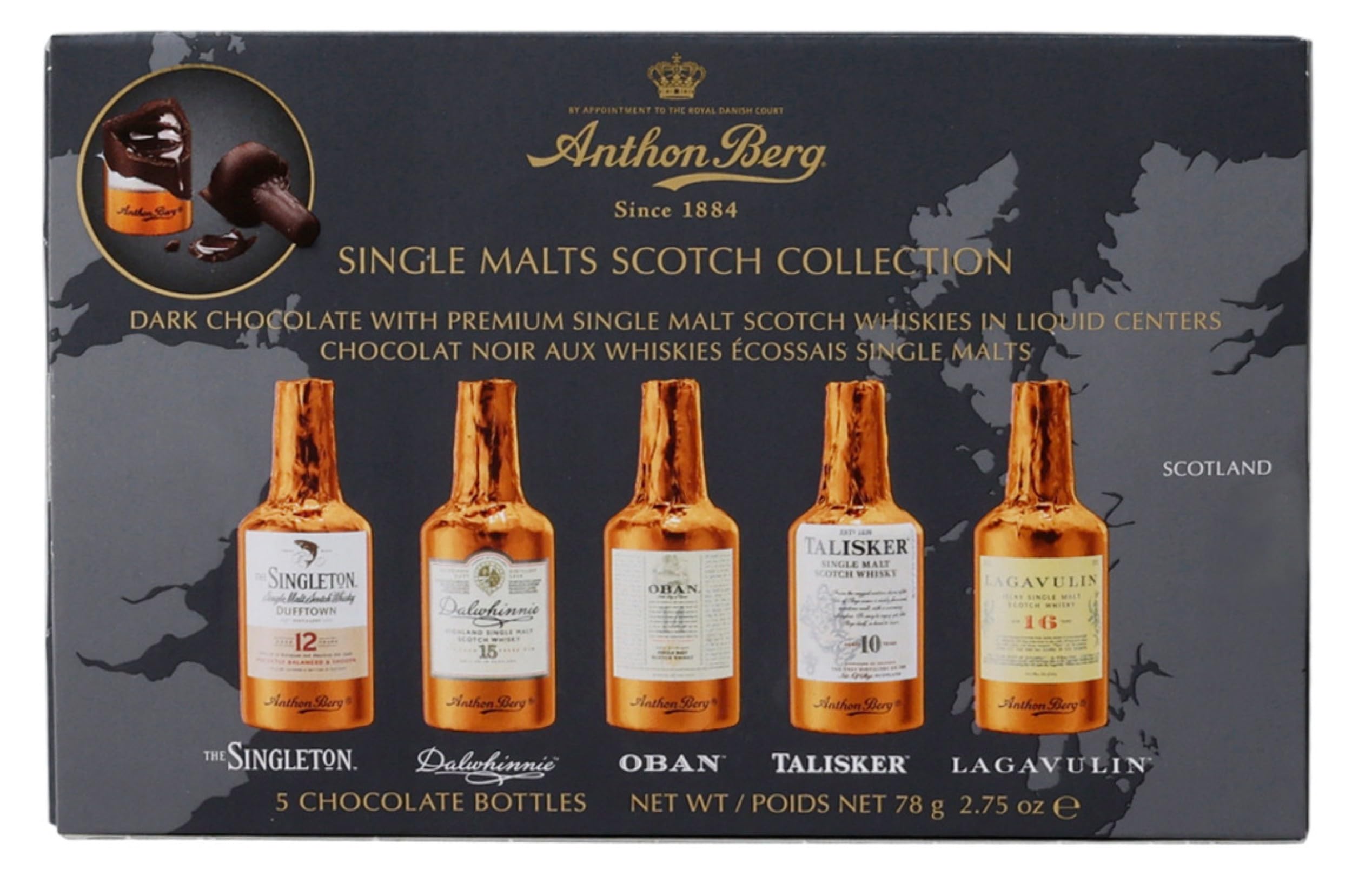 Anthon Berg 5 Single Malt Scotch Whisky Liqueurs, with a Delicious Chocolate filling, 78 g (Pack of 1)