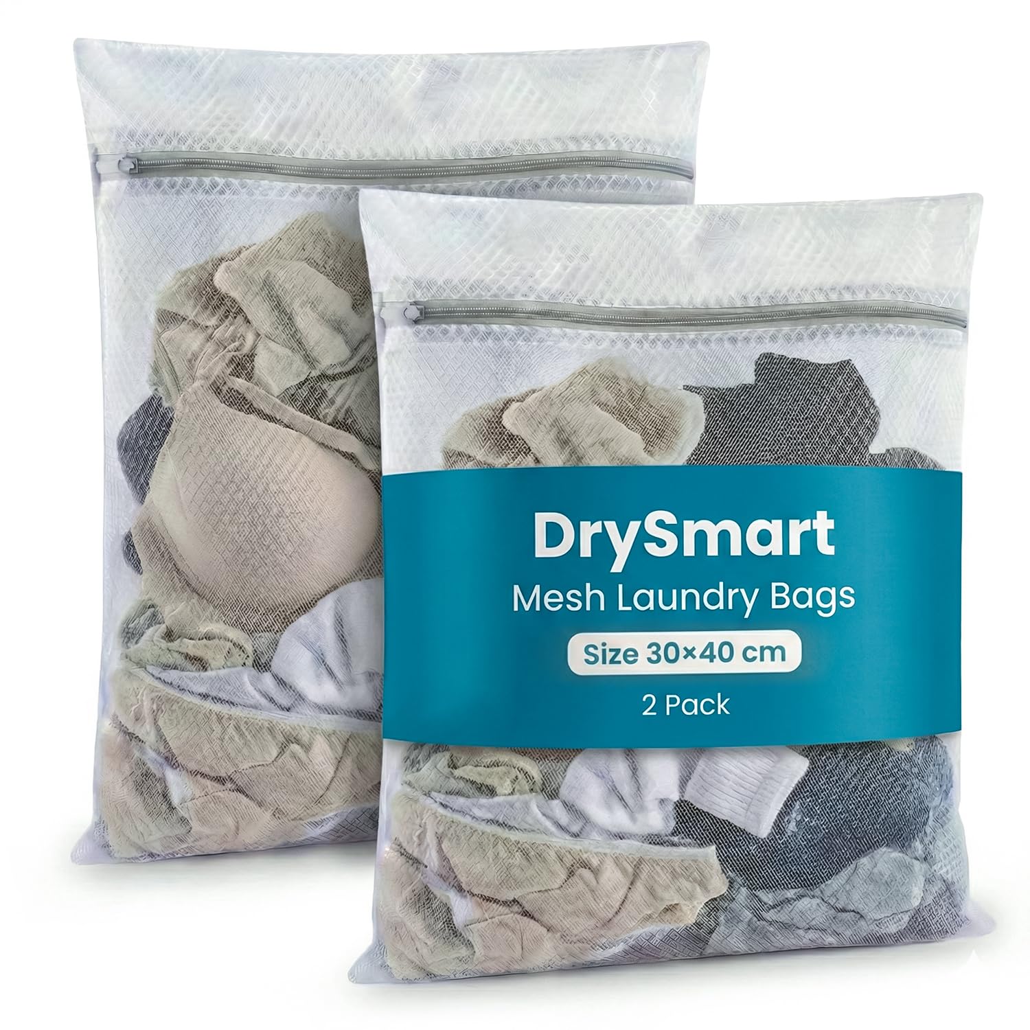 Drysmart White 2 Pack Mesh Laundry Bags For Washing Machine, 30X40cm Reusable Delicates Washing Bag, Durable Fine Net For Clothes, Socks, Underwear, Bra & Travel Storage