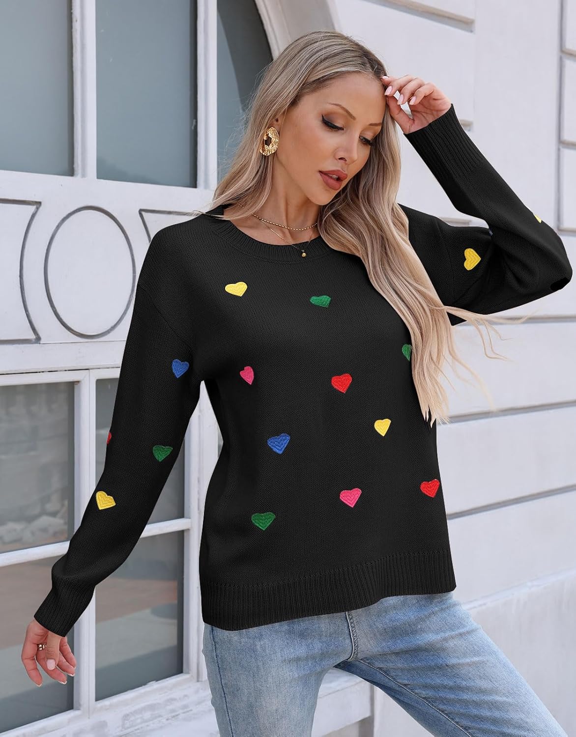Women's Embroidered Sweater Long Sleeve Crew Neck Colorful Cute Heart Pullover Sweaters - Image 2