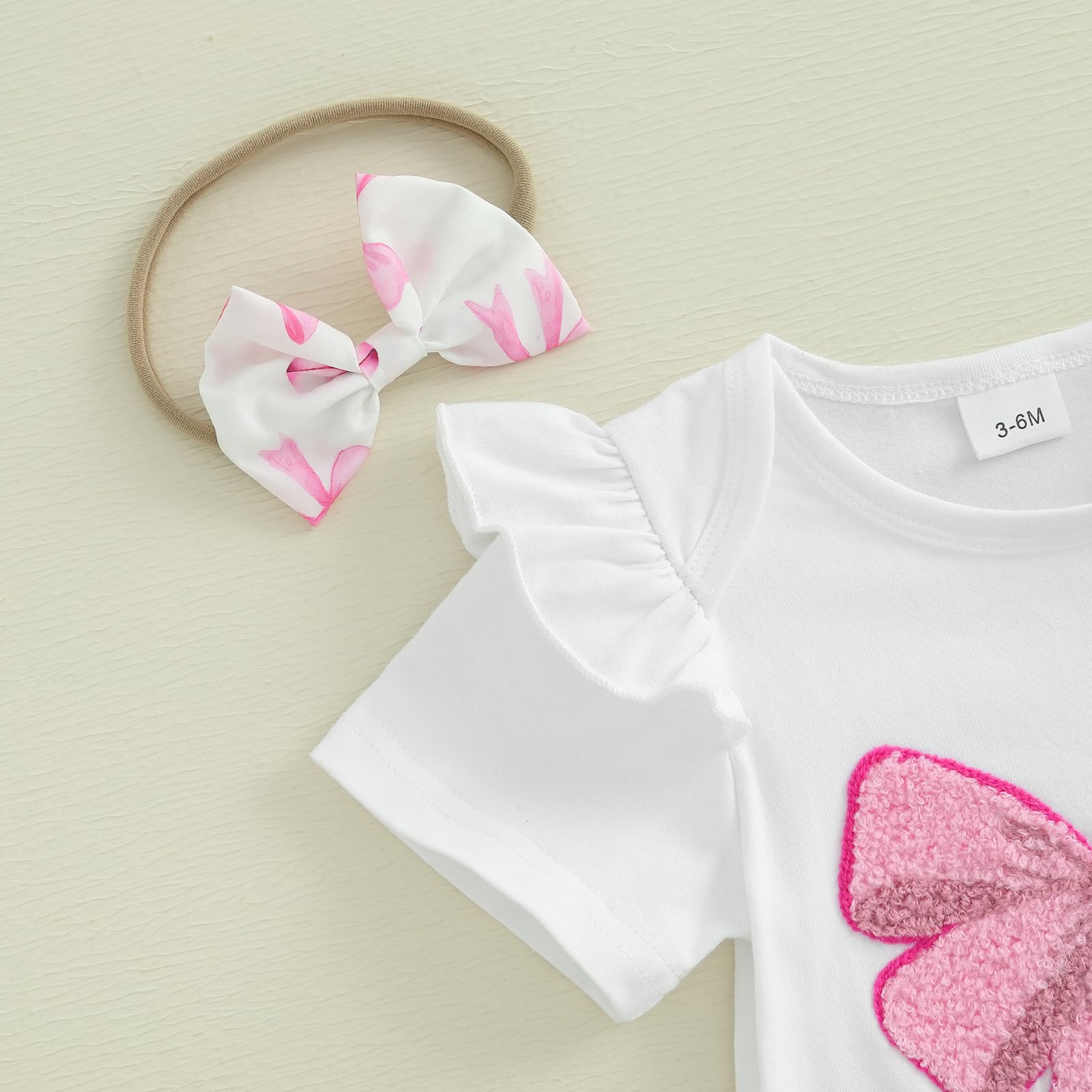 Baby Girl Summer Clothes Bow Embroidery Short Sleeve Romper Bodysuit Ruffle Shorts Set Cute Newborn Baby Girl Clothes(A-Pink Bow,0-3 Months)