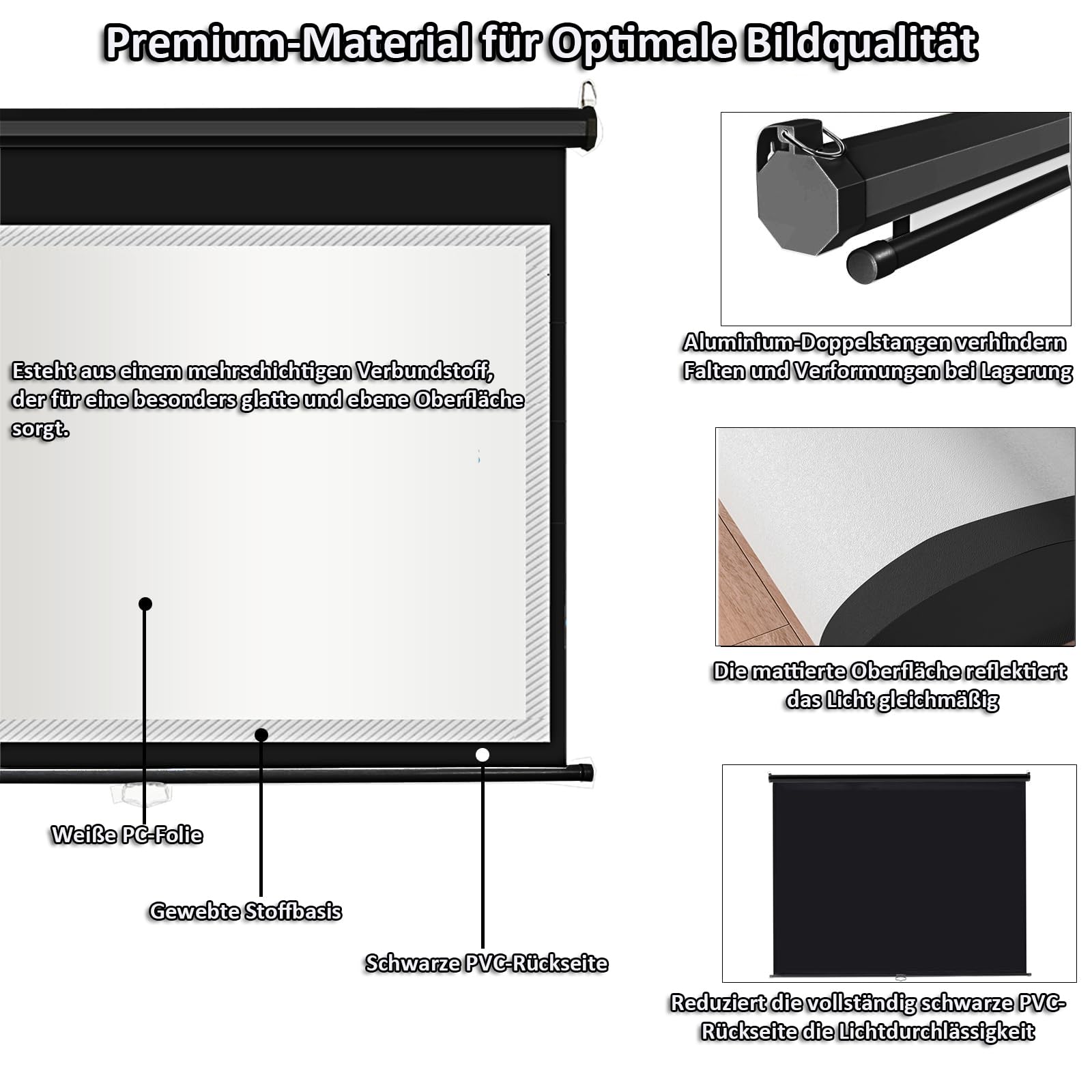 INMOZATA Leinwand Beamer Rollo 146cm, Bild 133 x 75 cm(60 Zoll), Format 16:9, Deckenmontage & Wandmontage Projektor Leinwand für Heimkino Büro Treffen Schule Präsentationen-Schwarz Gehäuse