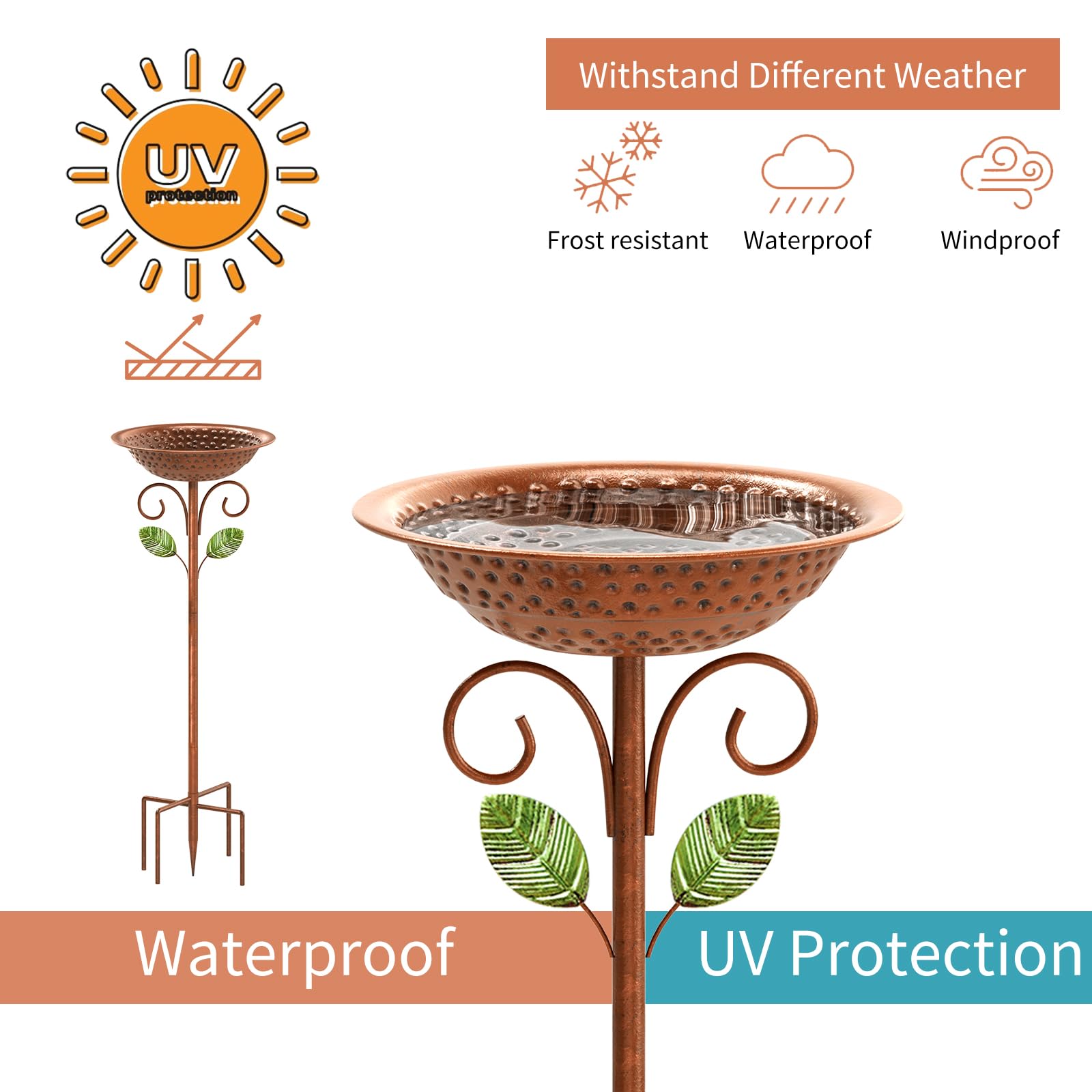 BringLuck2U Staande vogelbad voor buiten, tuin, groot metalen vogelbad met haringen, spa-vogelvoederstation voor binnenplaats, gazon, afneembare decoratie, 5 vaste sokkels