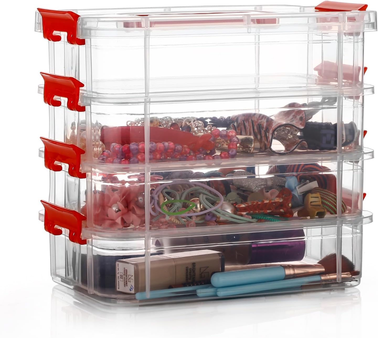 - plastic boxes for Storage transparent boxes for storage, Portable & Stackable Space Saving Organiser with Lid for Medicine, Jewelry, Arts & Crafts, Buttons, Beads (Red, 4 TIER)