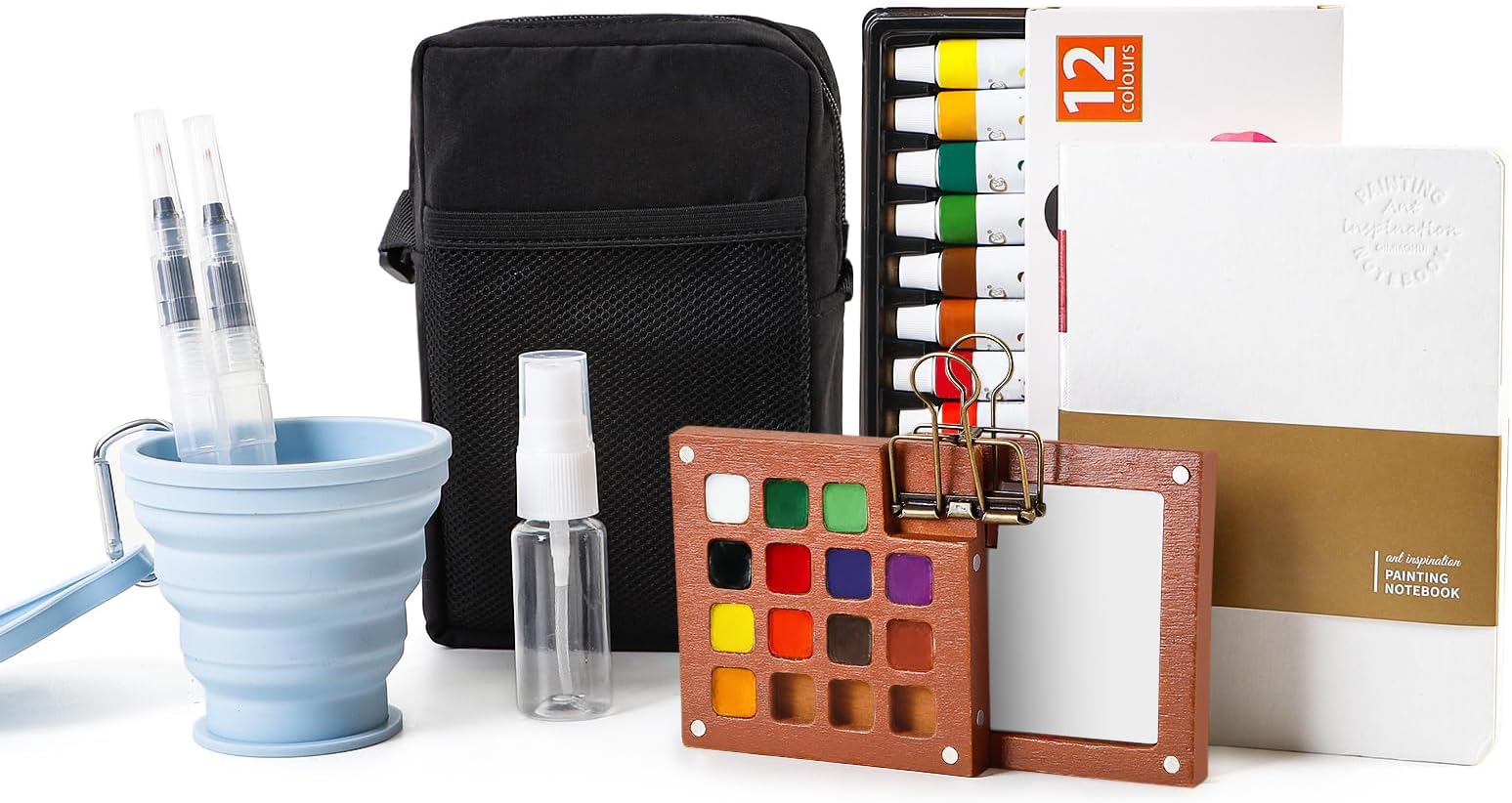 Mini Watercolor Paint Set, Walnut Wood Pocket Travel Kit with Crossbody Bag, Watercolor Journal, Metal Clip, Paint Water Cup, Water Brush, Ideal for Art Lovers (15 Ge Palette)