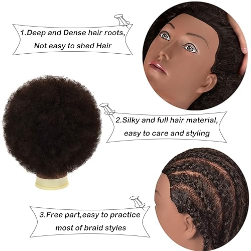 Miniatura 4 de Kalyx Cabeza de maniquí afroamericano con cabello 100% humano, rizado, peluquería, práctica, entrenamiento, cosmetología, maniquí para corte de