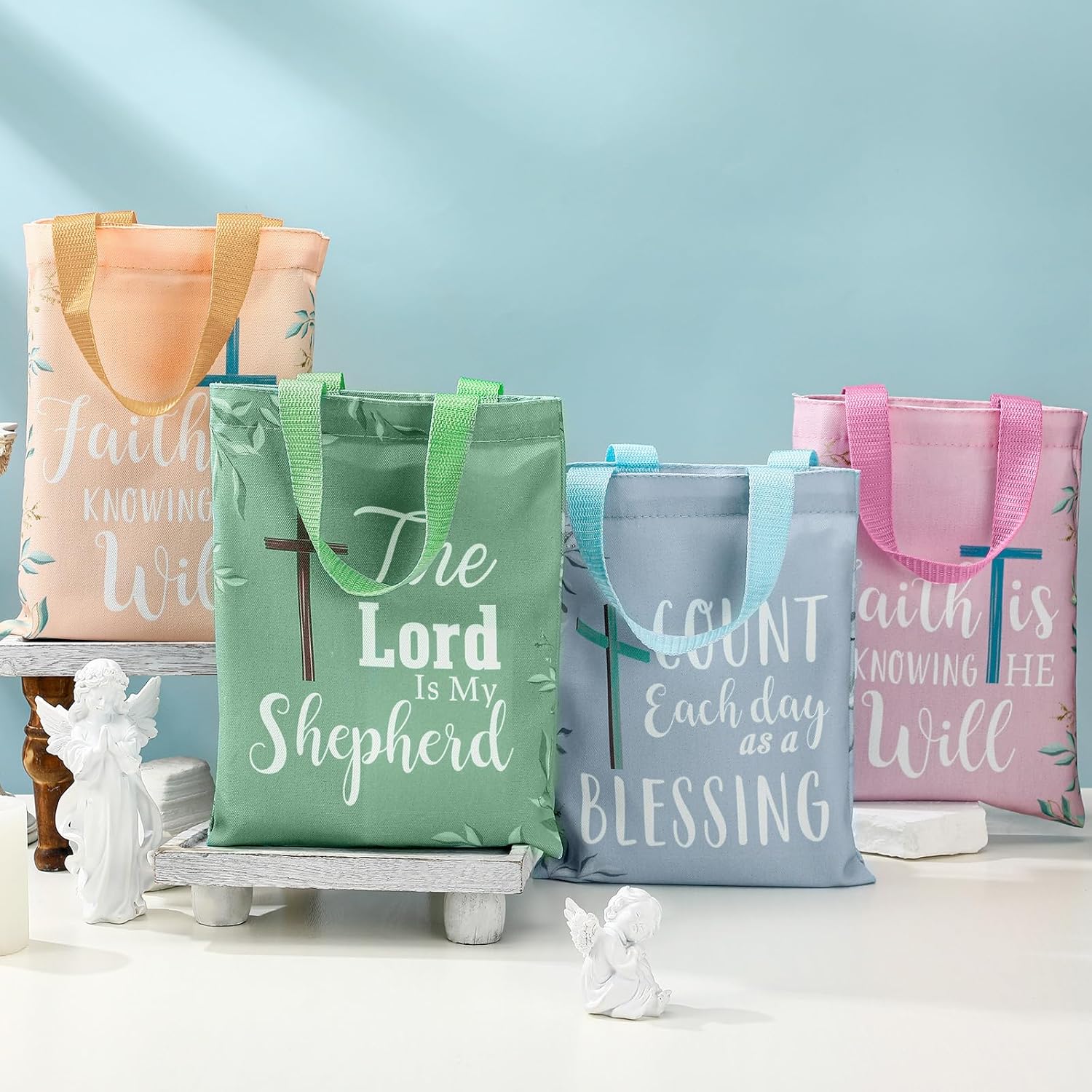 24 Pcs Christian Gift Bible Tote Bags for Women Religious Gift Small Bags Bulk 4 Colors Floral Christian Canvas Tote Religious Reusable Bible Verse Book - Image 3
