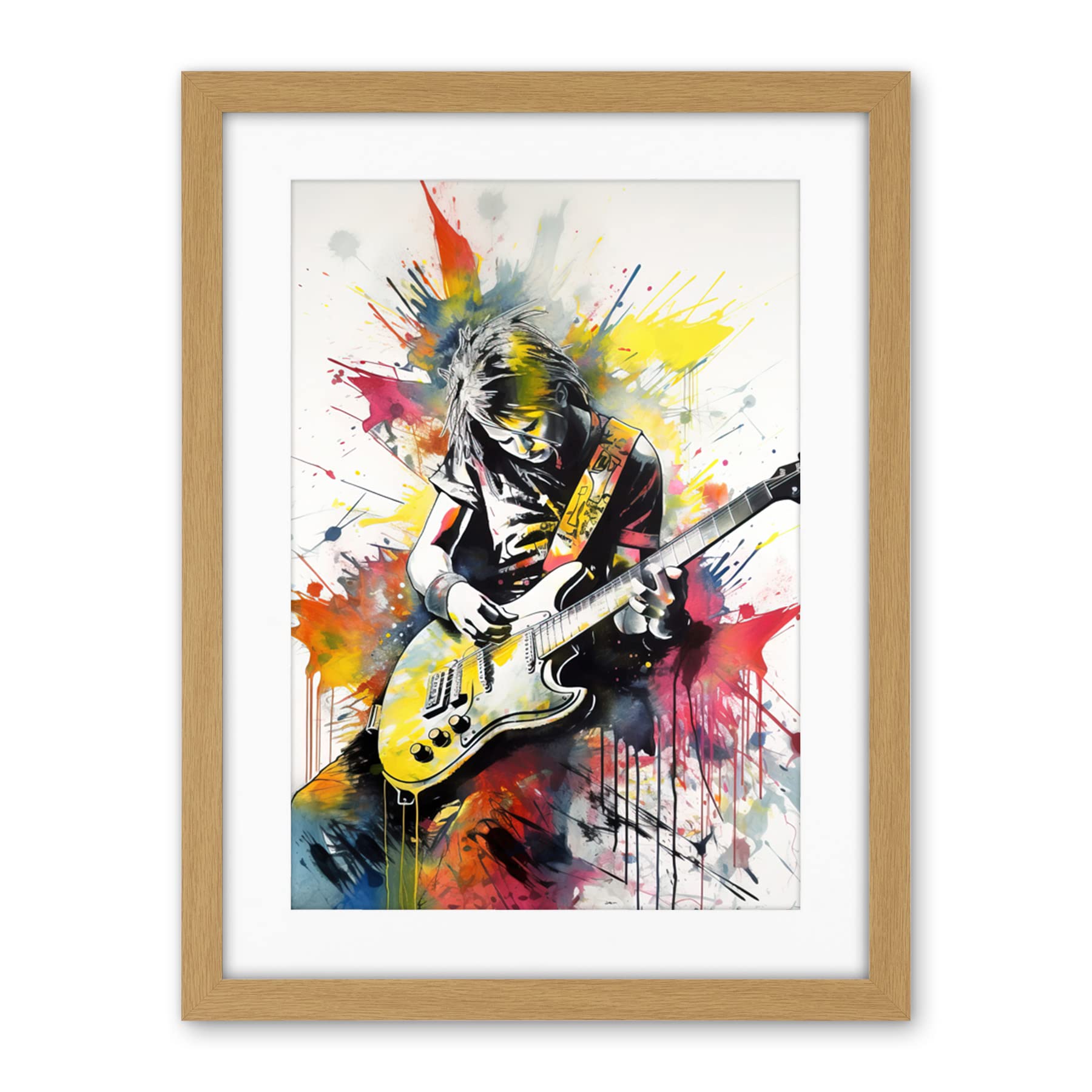 Artery8 Guitarist Playing Electric Guitar Music Solo Vibrant Modern Splat Paint Watercolour Illustration Artwork Framed Wall Art Print 18X24 Inch