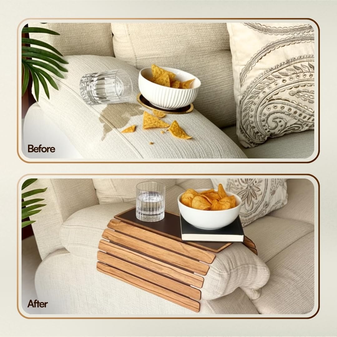 MASON HOME Sofa Rectangular Armrest Tray - Light Brown Full Grain Bamboo Wood with Anti Slip Pad | Dining Tray | Home & Office Décor | Furniture | Serving Platter for Drinks - Appetizer - Snack Bowls 3
