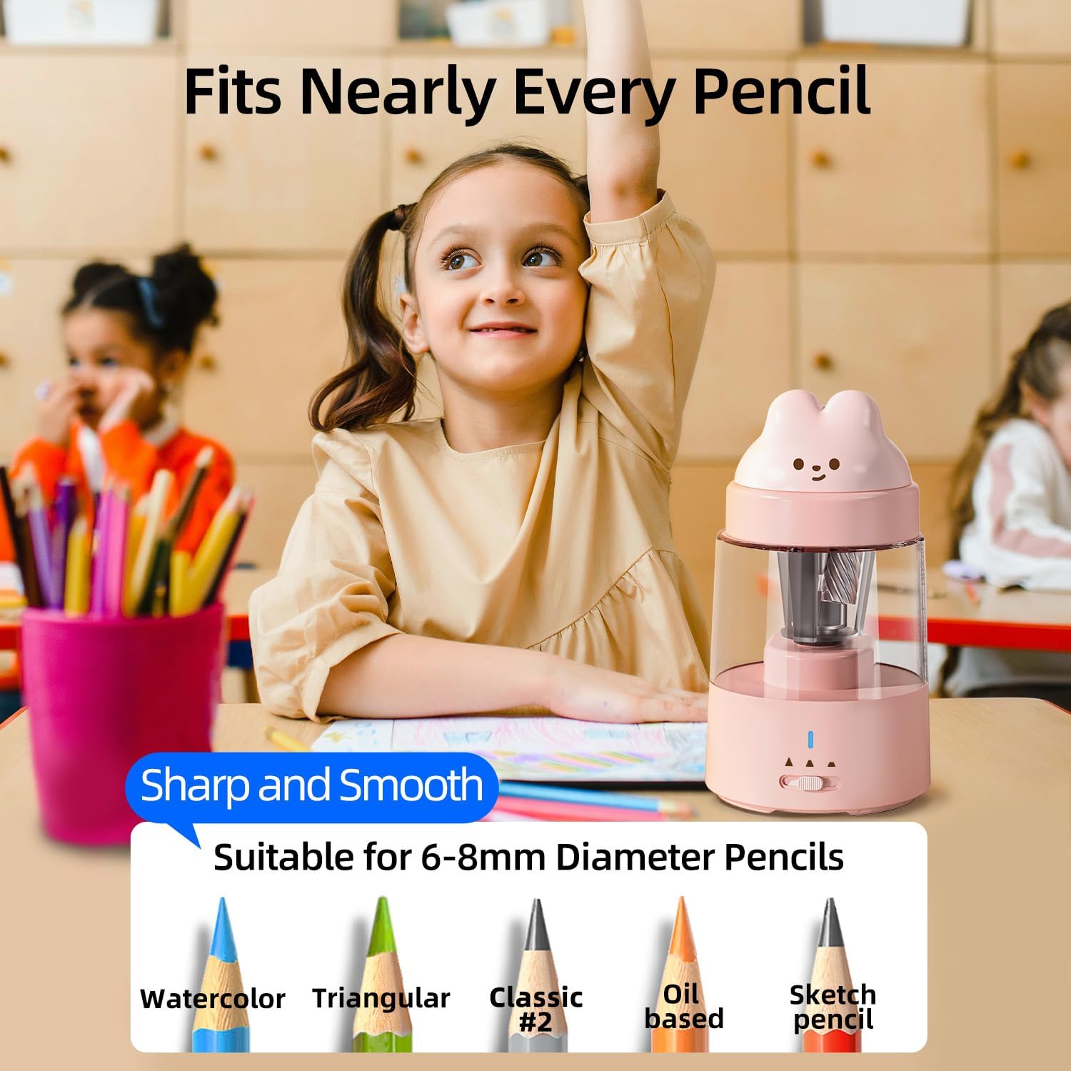 ZMOL Electric Pencil Sharpeners, Colored Pencil Sharpener for Kids, Auto Stop, Rechargeable Pencil Sharpener for Battery Powered Cute No.2/Colored Pencils (6-8mm), Classroom/Office/Home (PINK1)