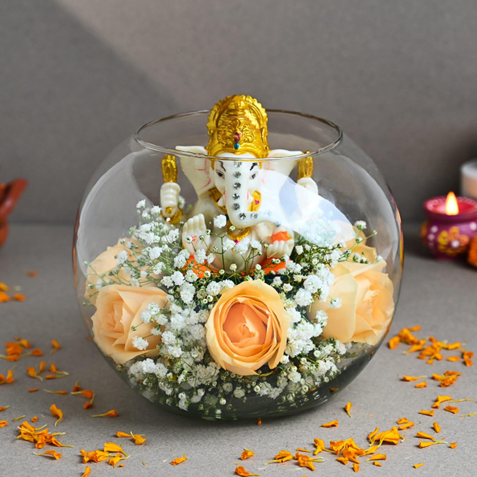 FlowerAura Fresh Live 6 Peach Roses Flowers Bouquet with Ganesha Idol in Fish Bowl for Living Room, Table Decor, Home Decor, Temple Decor, Gift for Religious Events & Occasions (Same Day Delivery)-image-14