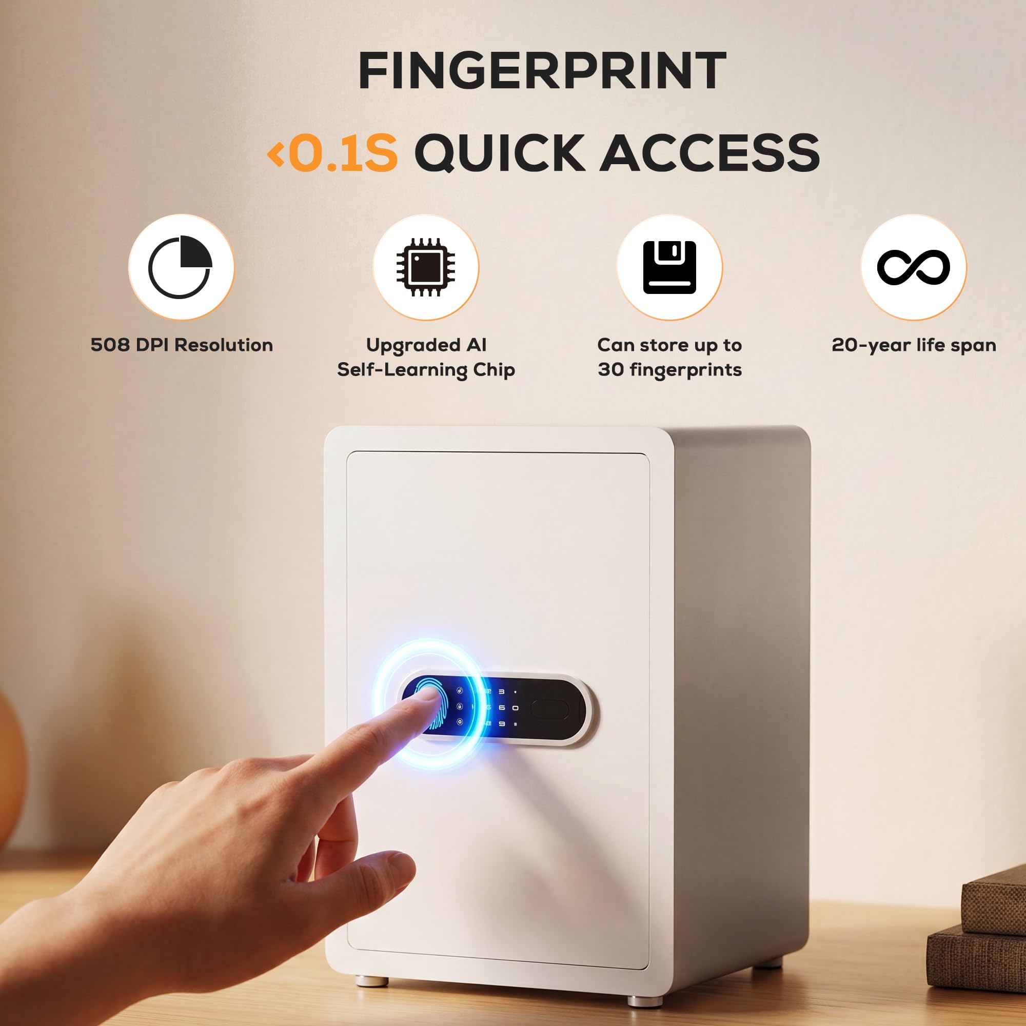 2.0 Cub Biometrischer Safe mit automatischem Öffnen von Fingerabdrucken, mit digitalem Touchscreen-Schloss, Dual-Alarm, Sicherheits-Wandhalterung, Schloss, Schmuck und Wertsachen, Weiß