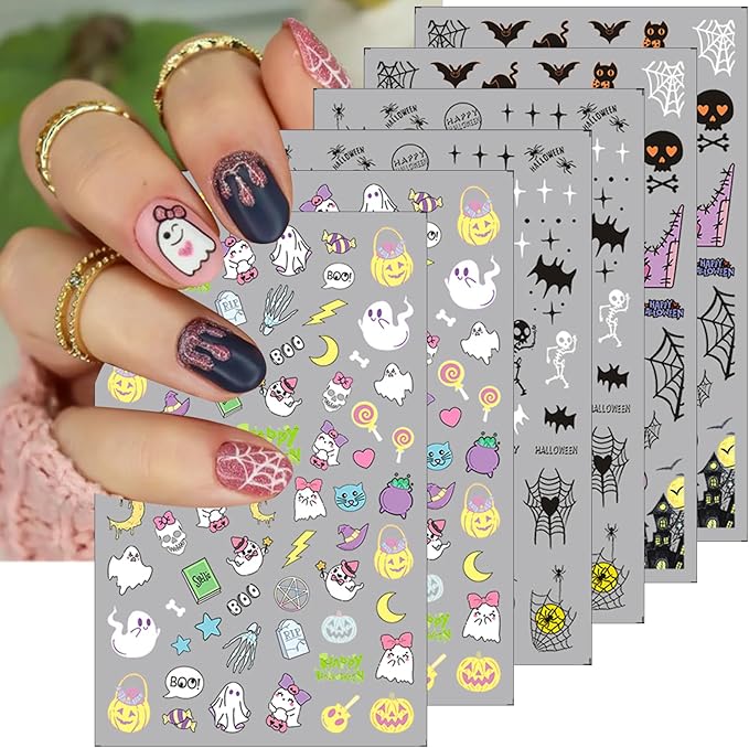 6 Sheets Colorful Halloween Nail Art Stickers Decals 3D Self-Adhesive Cute Pumpkin Ghost Spider Web Nail Decals Skull Bat Pegatinas Uñas, DIY Manicure Decoration Supplies Accessories for Women Girls