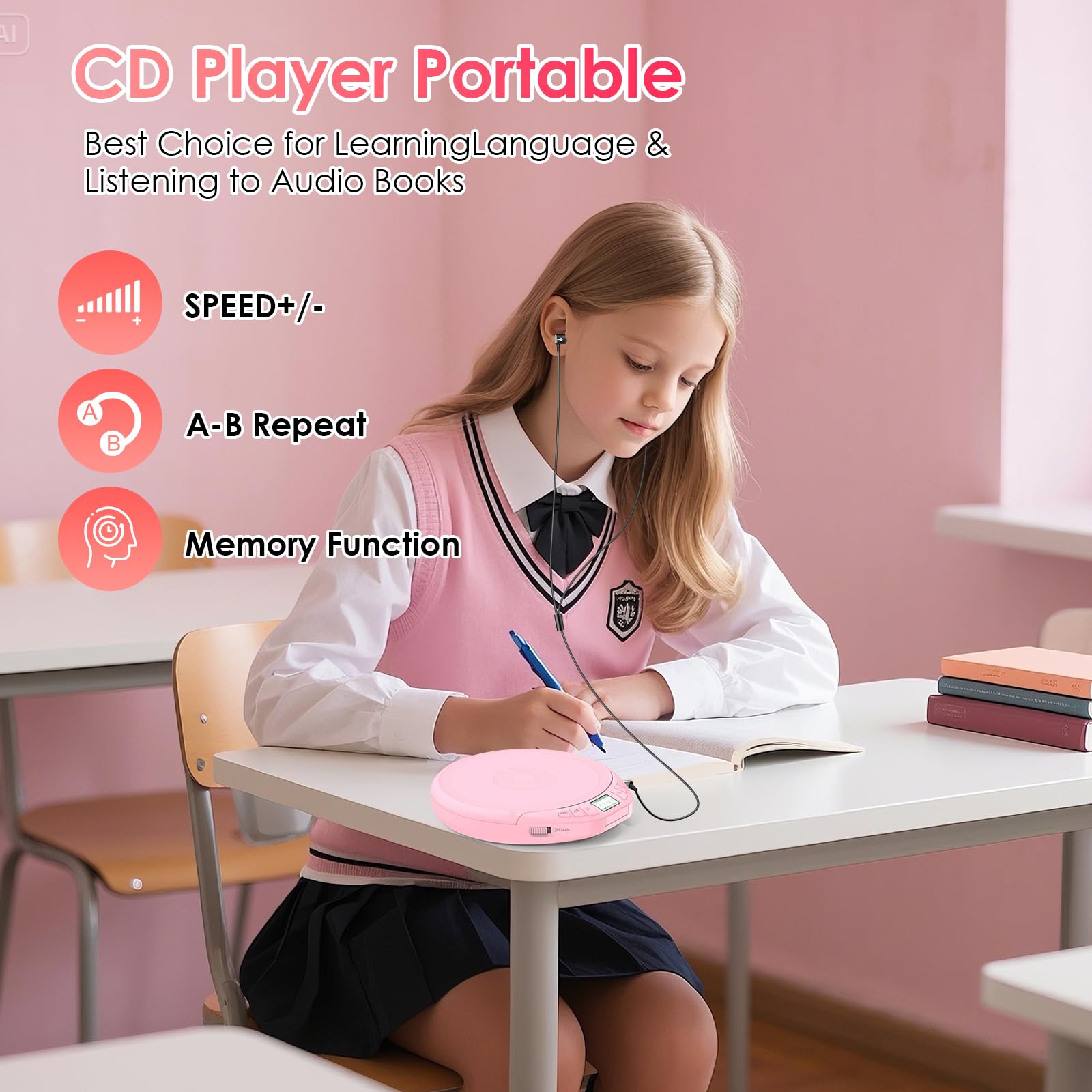Gueray CD Player Tragbar Kinder Tragbarer CD-Player fürs Auto Discman mit Kopfhörer LCD-Display Unterstützung ASP PROG Speicherfunktion Repeat-Funktion Sound-Effekt Rosa